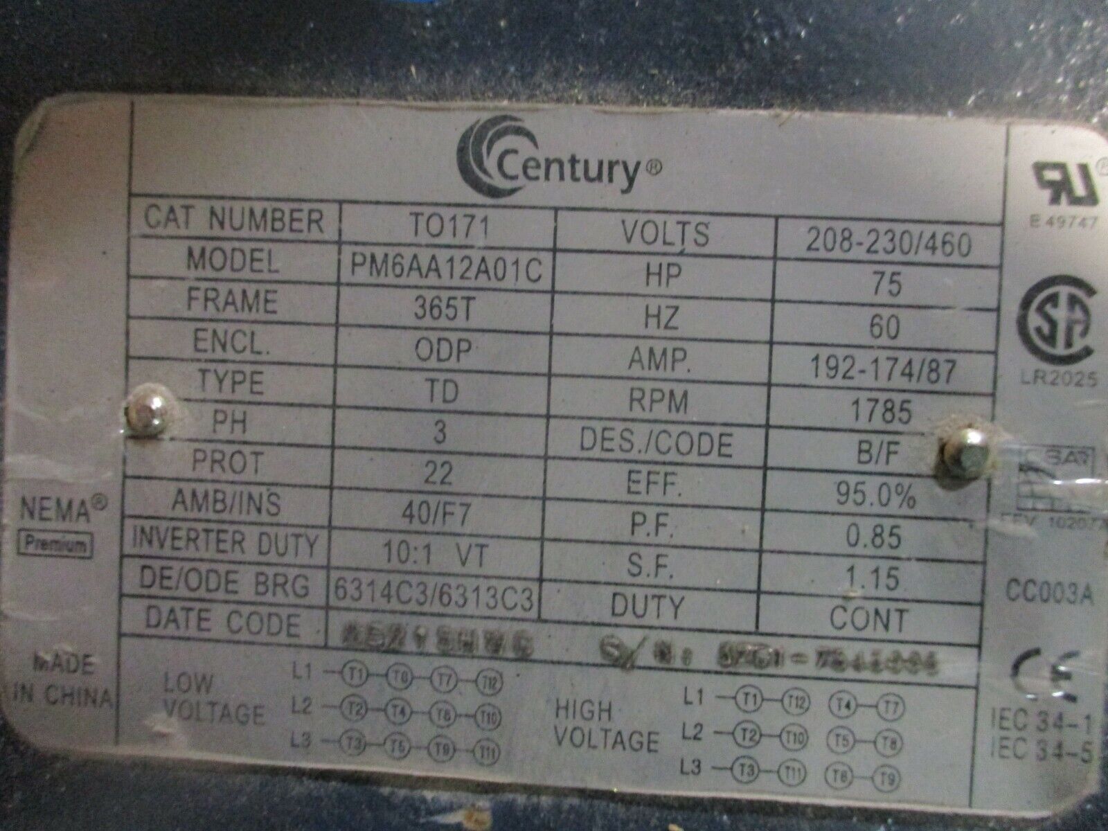 Century Model PM6AA12A01C AC Motor TO171 75HP 1800RPM 3Ph 60Hz New Surplus