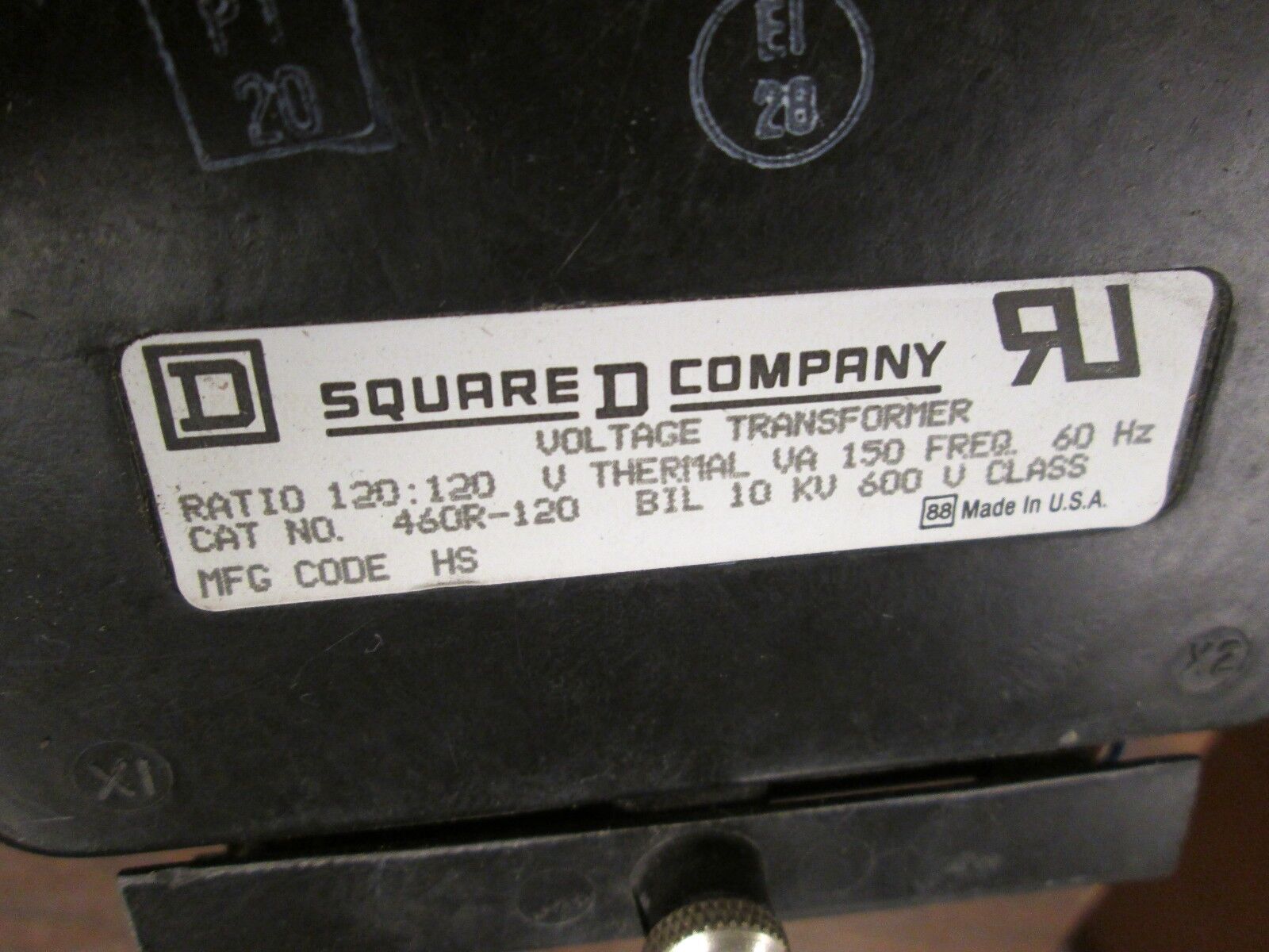 Square D Voltage Transformer 460R-120 Ratio 120:120V 10KV BIL 600V 60Hz Used