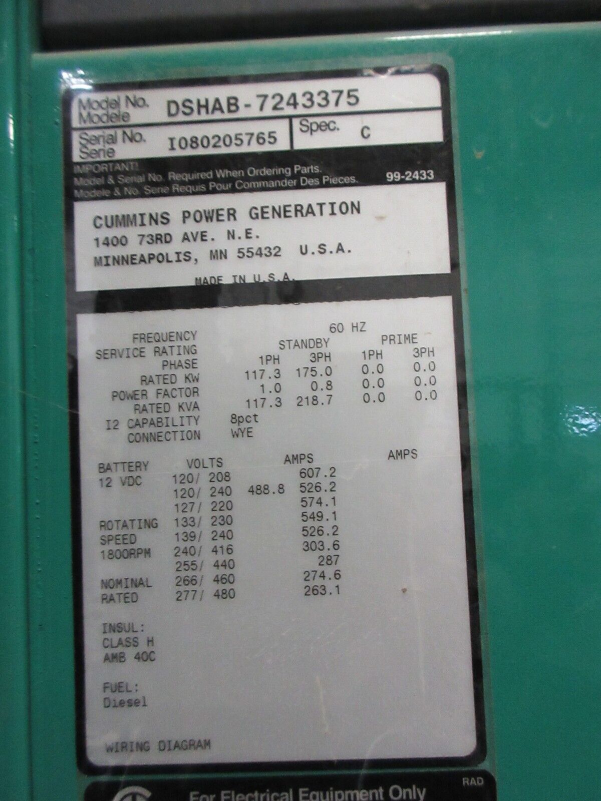 Cummins Diesel Standby Generator w/ Tank DSHAB-7243375 175KW @ 3Ph 120-480V 60Hz