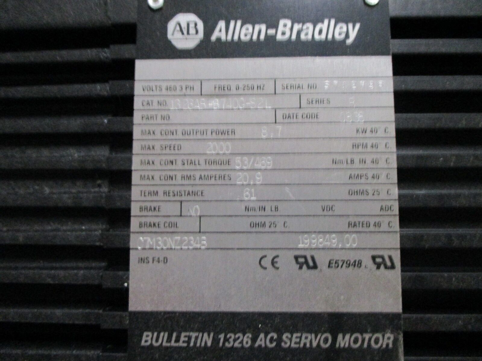 Allen-Bradley AC Servo Drive 1326AB-B74OC-S2L 8.7kW 2000 RPM 460V 3Ph 0.250Hz