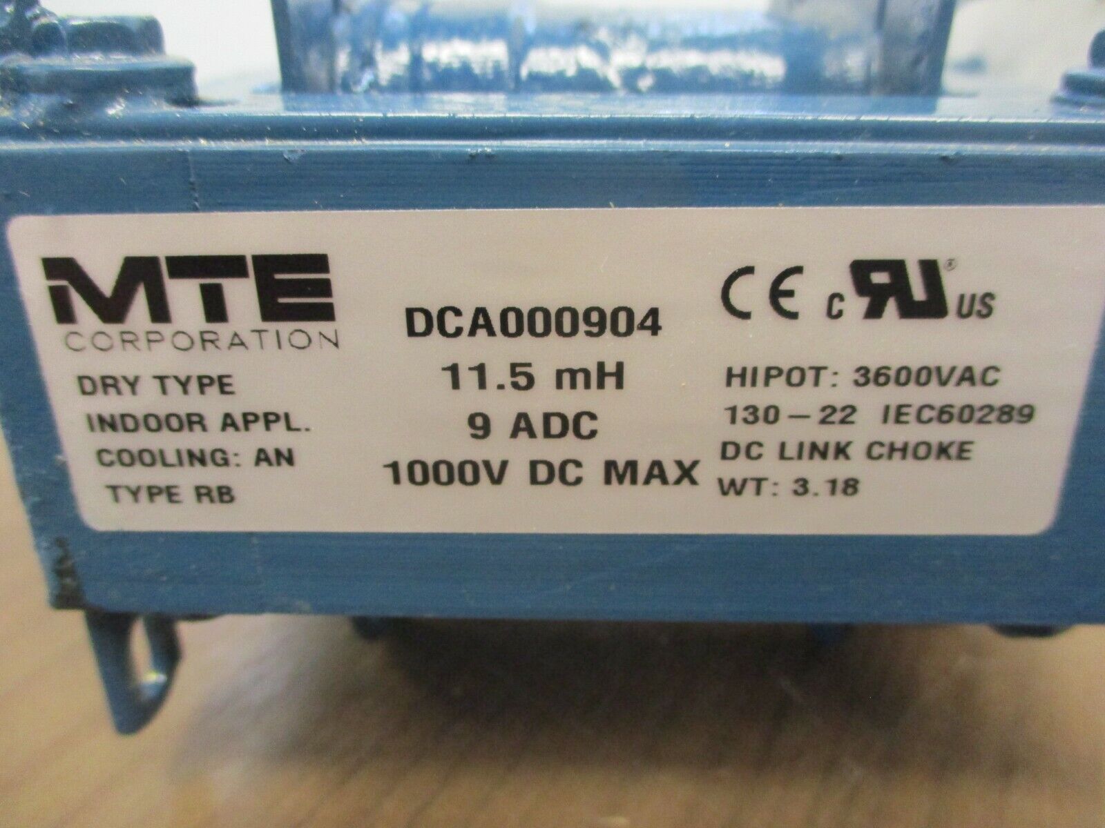 MTE DC Link Choke DCA000904 11.5mH 9A DC 1000V DC Hipot: 3600VAC Used