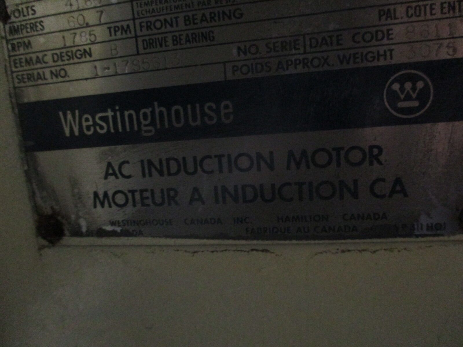 Westinghouse Medium Voltage AC Motor HSB 500HP 1800RPM 4160V 60.7A 60Hz 3Ph Used