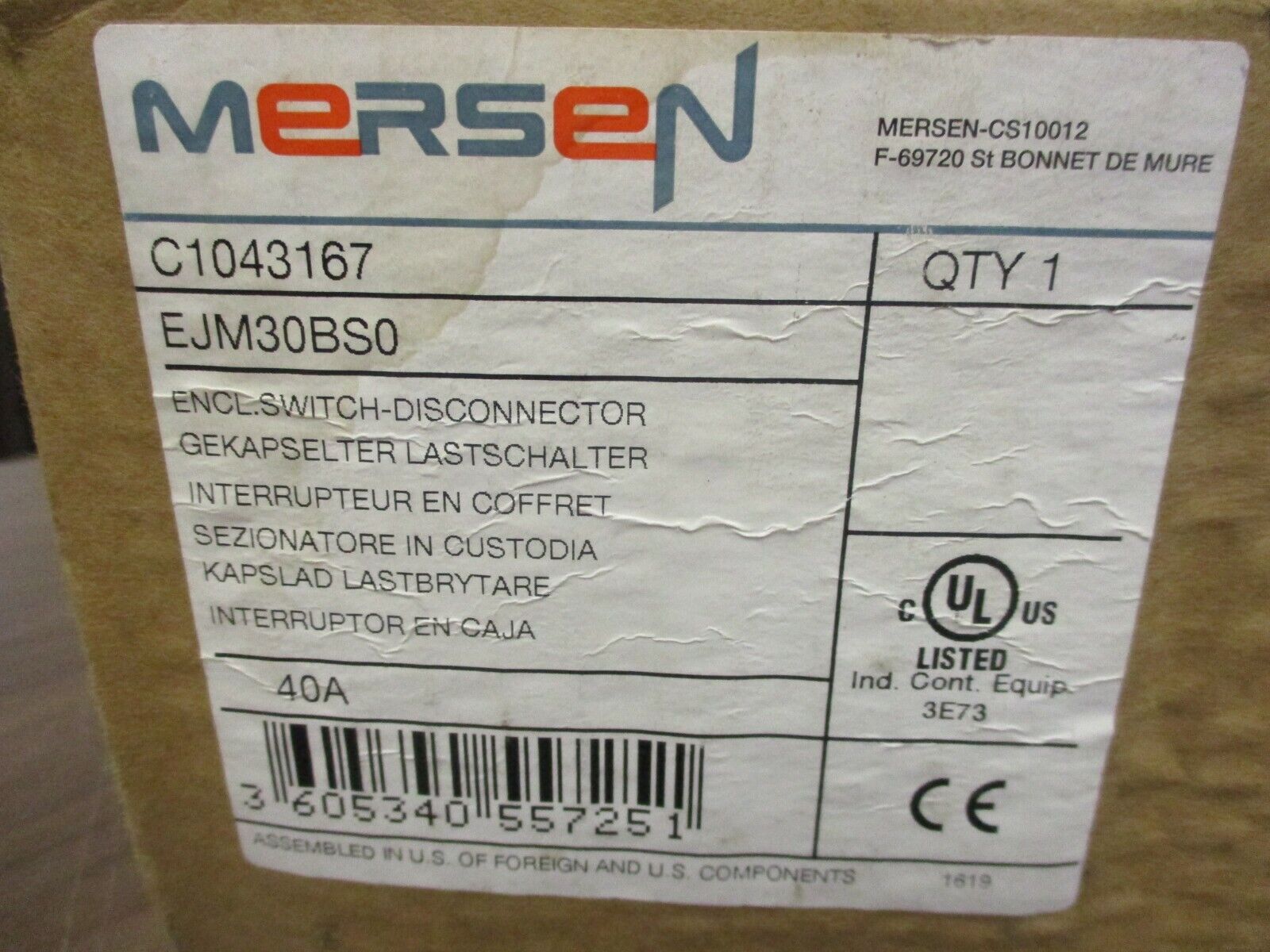 Mersen Enclosed Disconnect Switch EJM30BS0 40A 600V Nema 4x,12 New Surplus