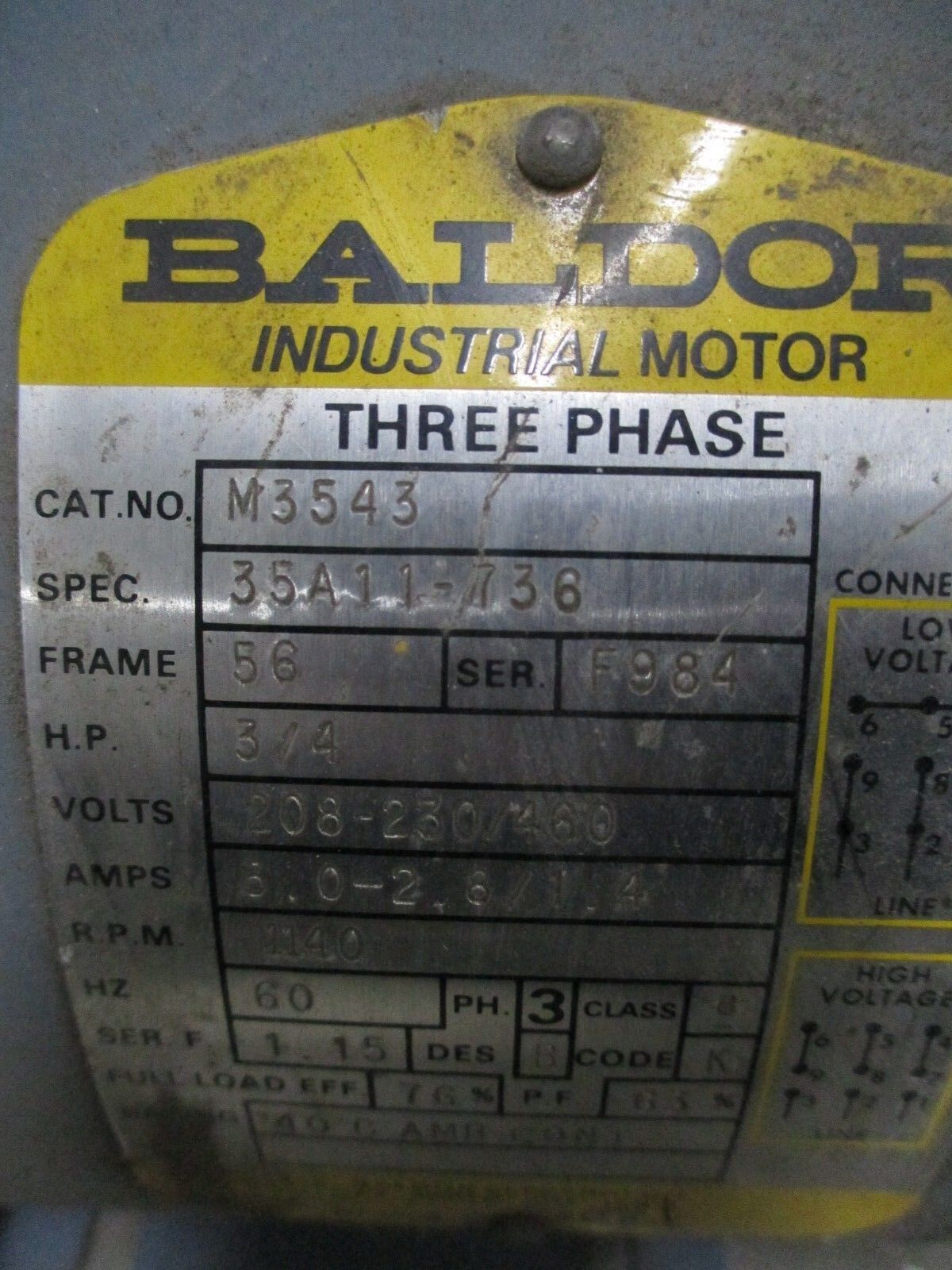 Baldor AC Motor M3543 .75HP 1200RPM 208-230/460V 3-2.8/1.4A 60Hz 3Ph Used