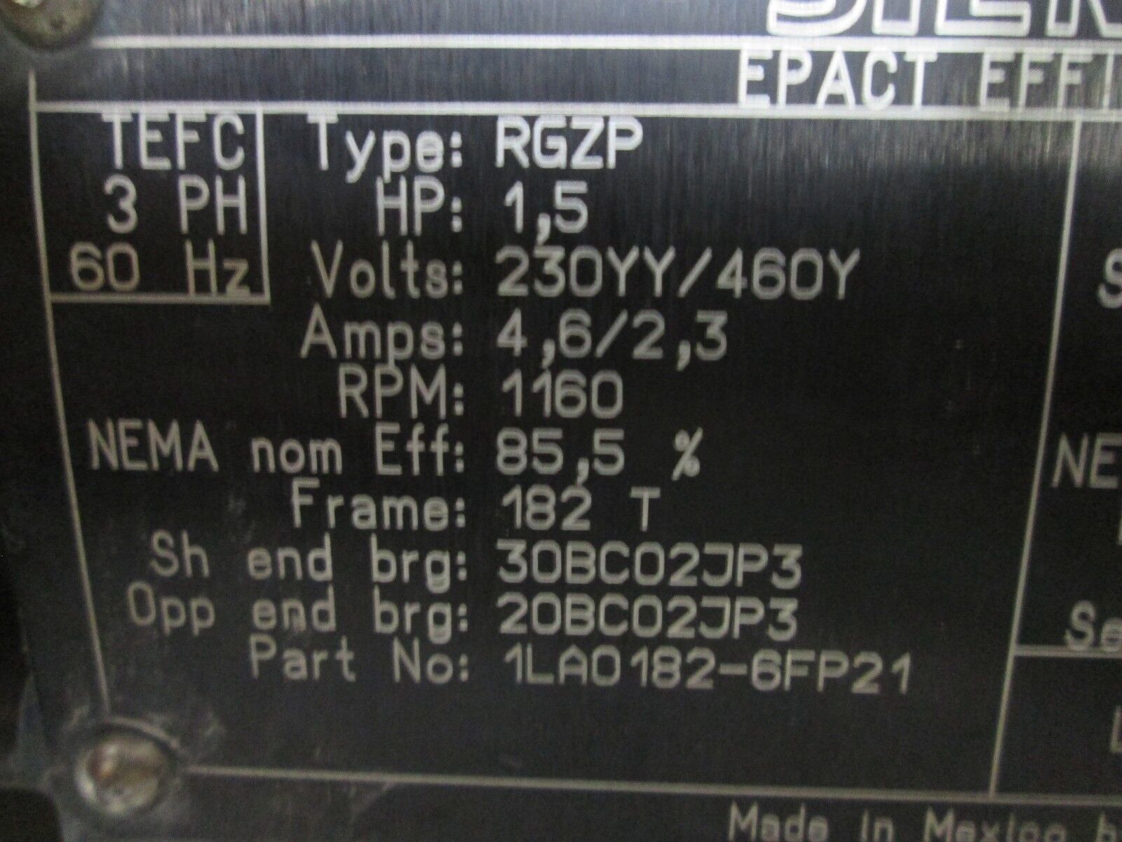 Siemens EPact Efficient Motor 1LA0182-6FP21 1.5HP 1160RPM 230YY/460YV 4.6/2.3A