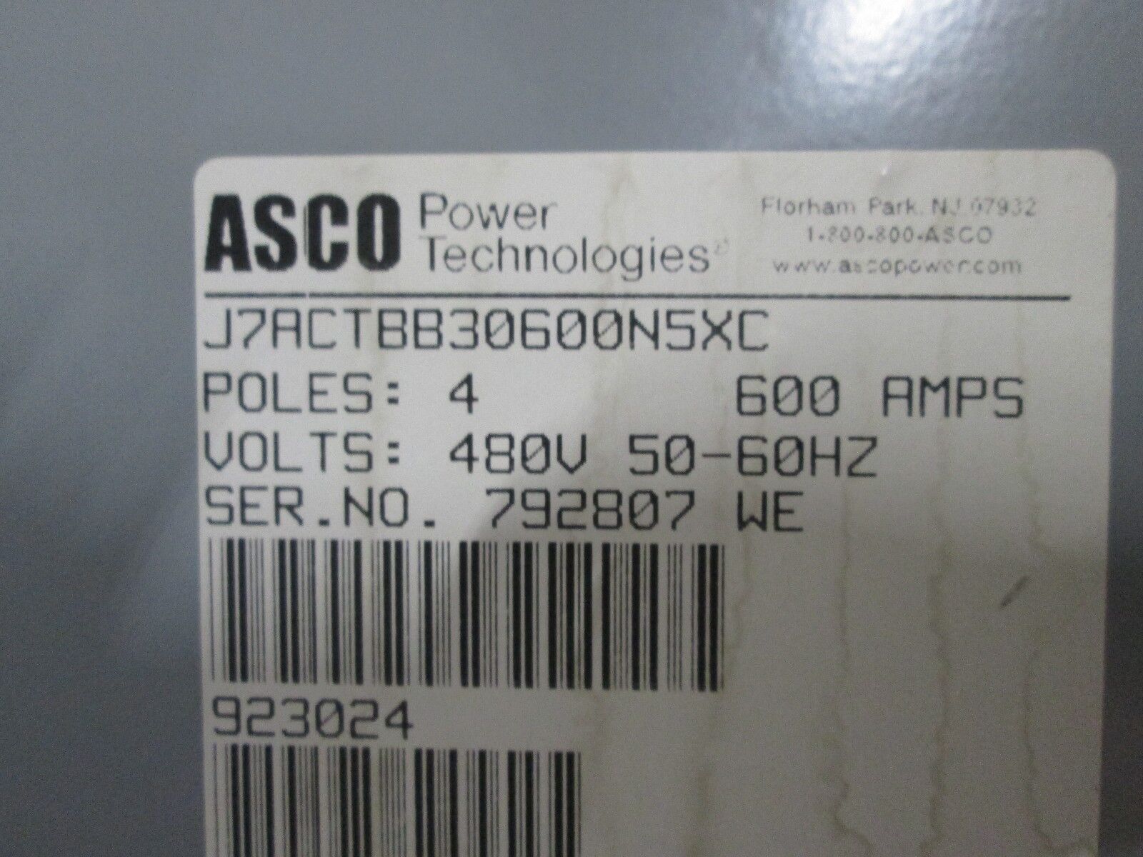 ASCO Automatic Transfer Switch w/ Bypass J7ACTBB30600N5XC 600A 480V 50/60Hz