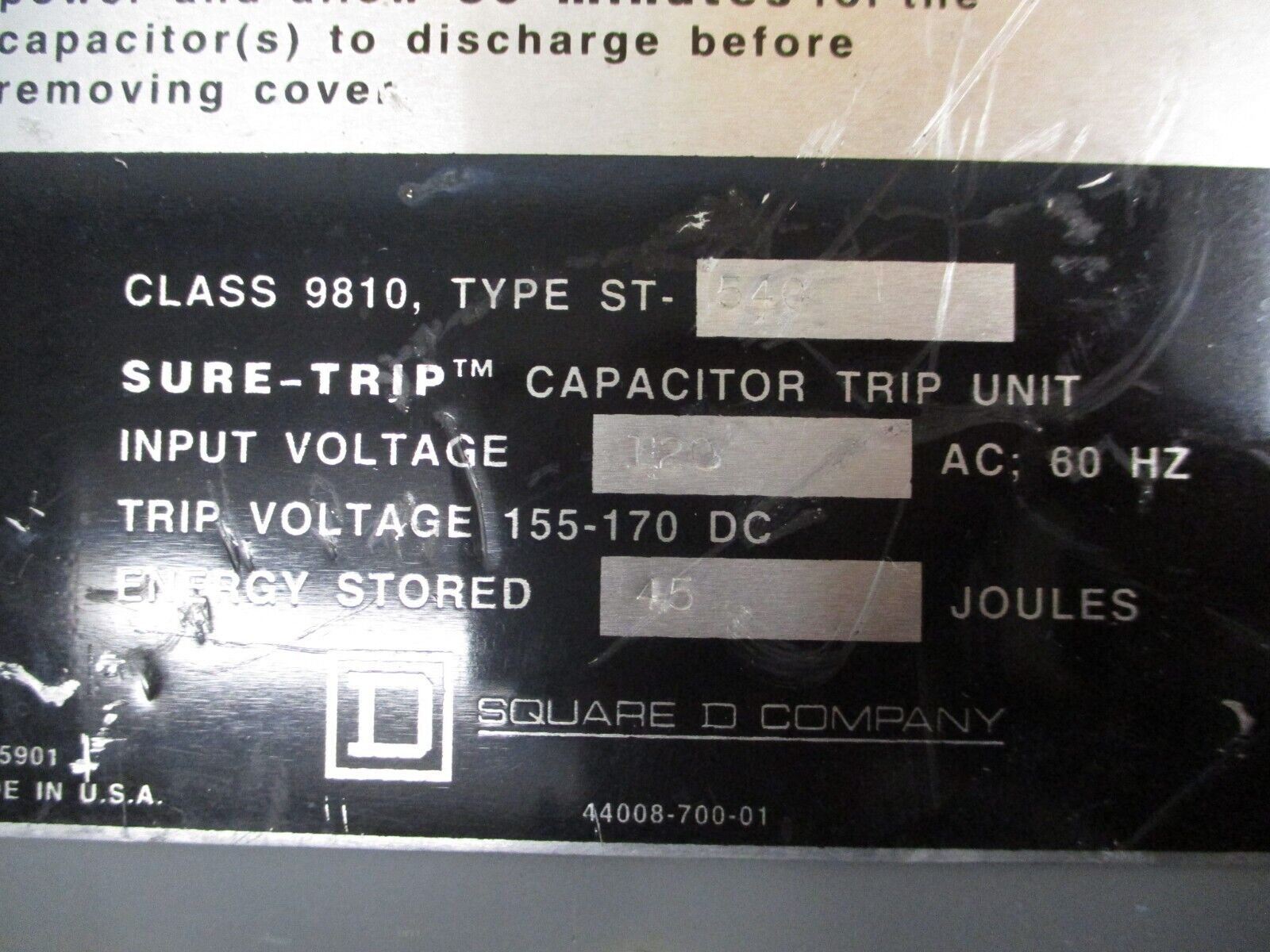 Square D Sure-Trip Capacitor Trip Unit ST-540 Input:120VAC 60Hz Trip:155-170VDC