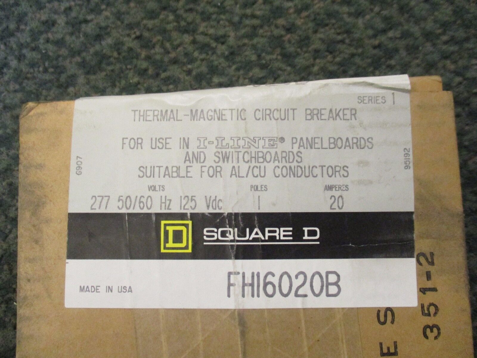 Square D	Circuit Breaker	 FH16020B 20A 277V 1P New Surplus