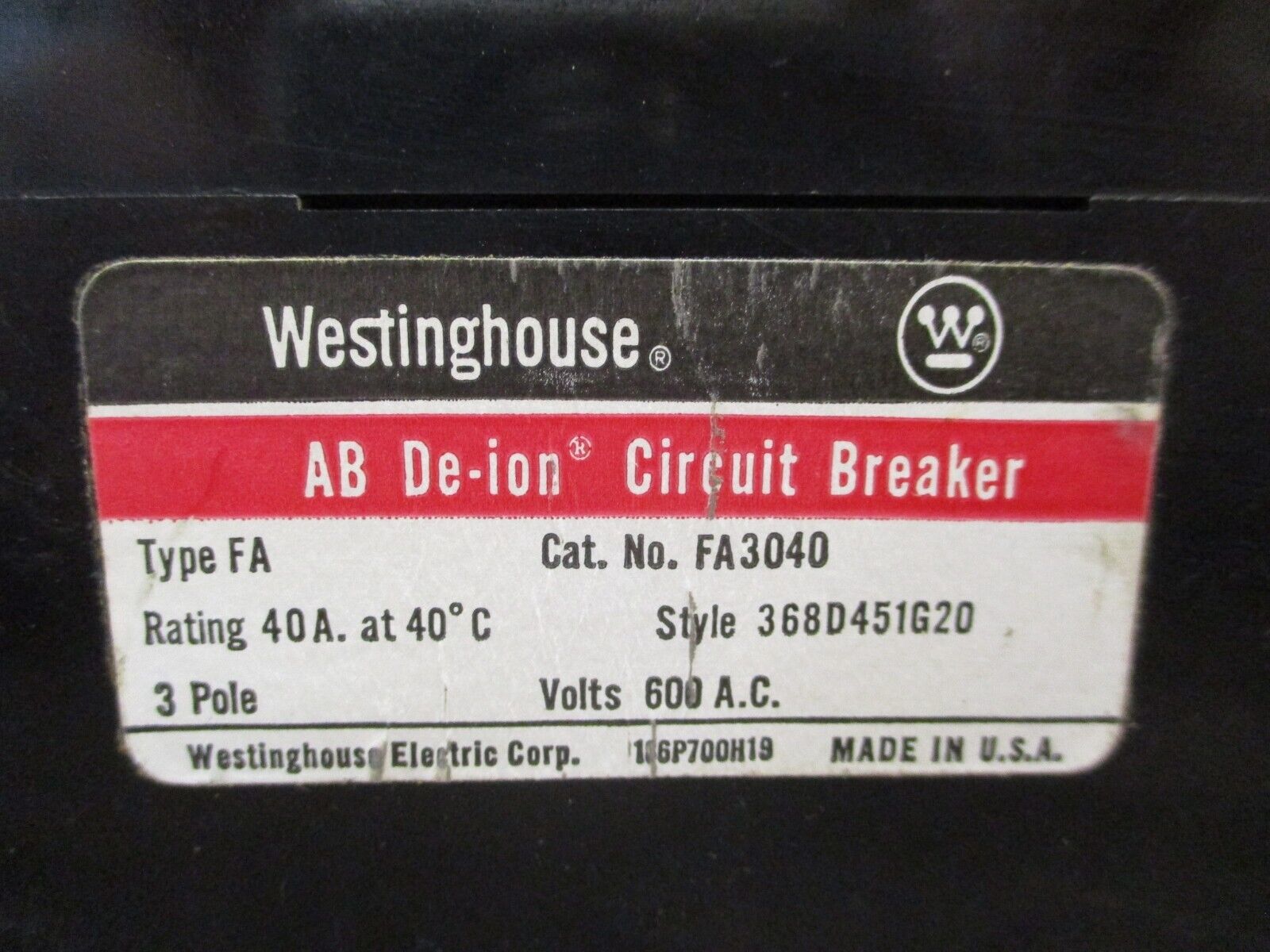 Westinghouse AB De-ion Circuit Breaker FA3040 40A 600V 3P Used