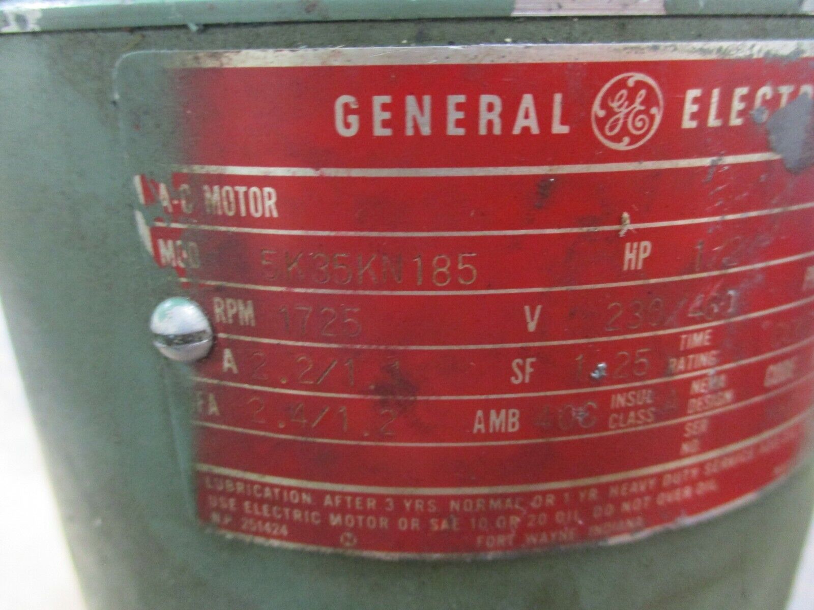 GE AC Motor 5K35KN185 1/2HP 1800RPM FR: 48 230/460V 2.2/1.1A 3Ph 60Hz Used