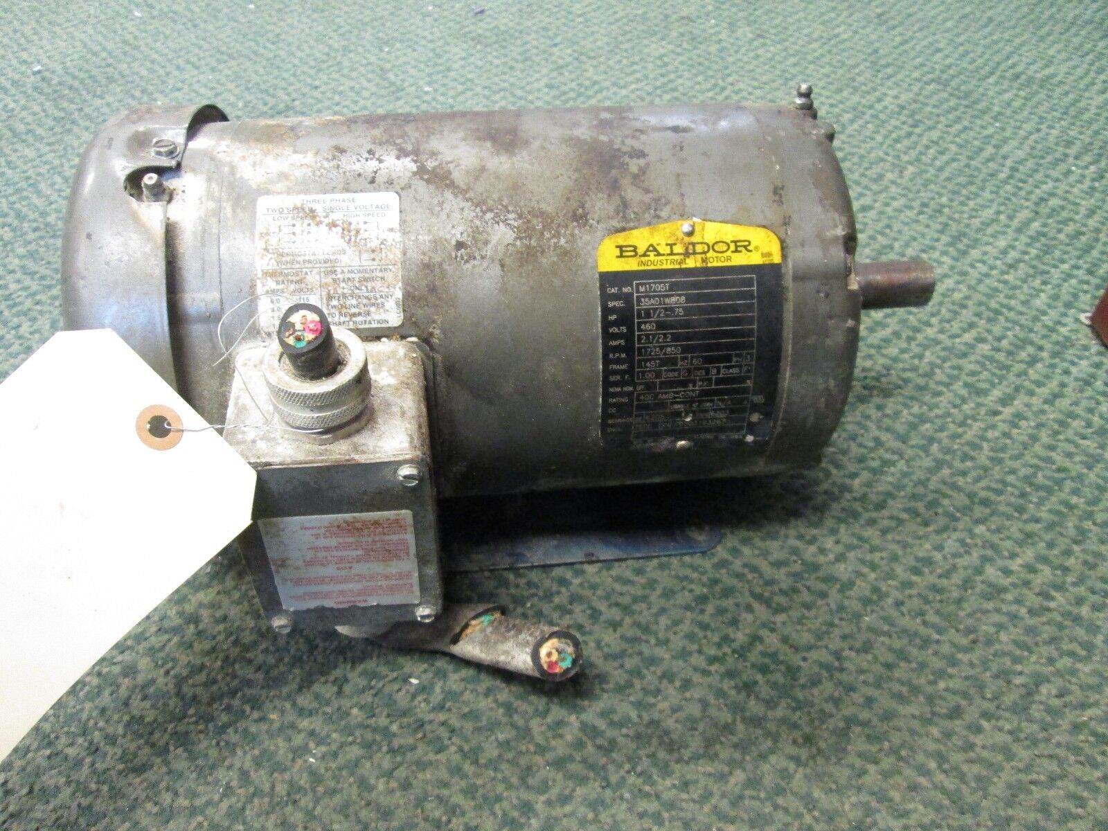 Baldor AC Motor M1705T 1.5-0.75HP 1725/850RPM 460V 2.1/2.2A 60Hz 3Ph Used