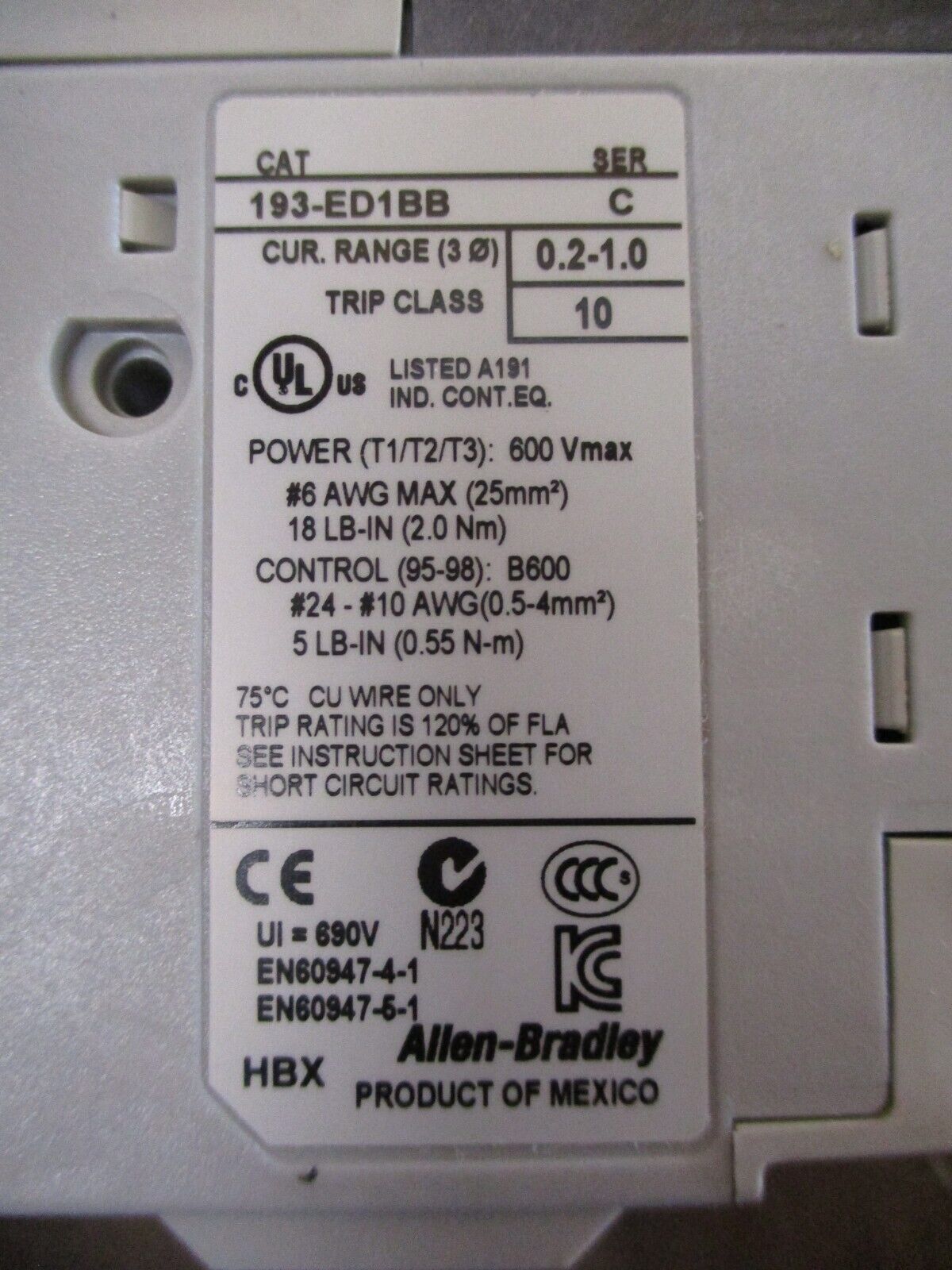 Allen-Bradley E1 Plus Solid State Overload 193-ED1BB Ser. C Trip: 0.2-1.0A