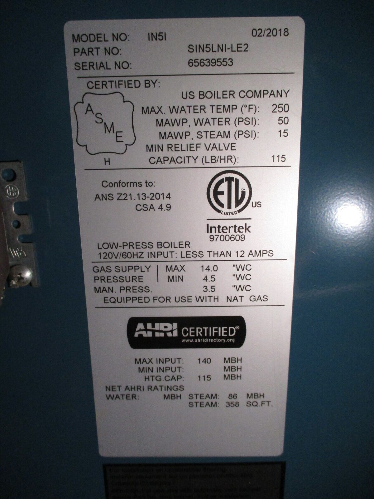 US Boiler Company Burnham Independance Boiler SIN5LNI-LE2 Model #: IN5I 120V