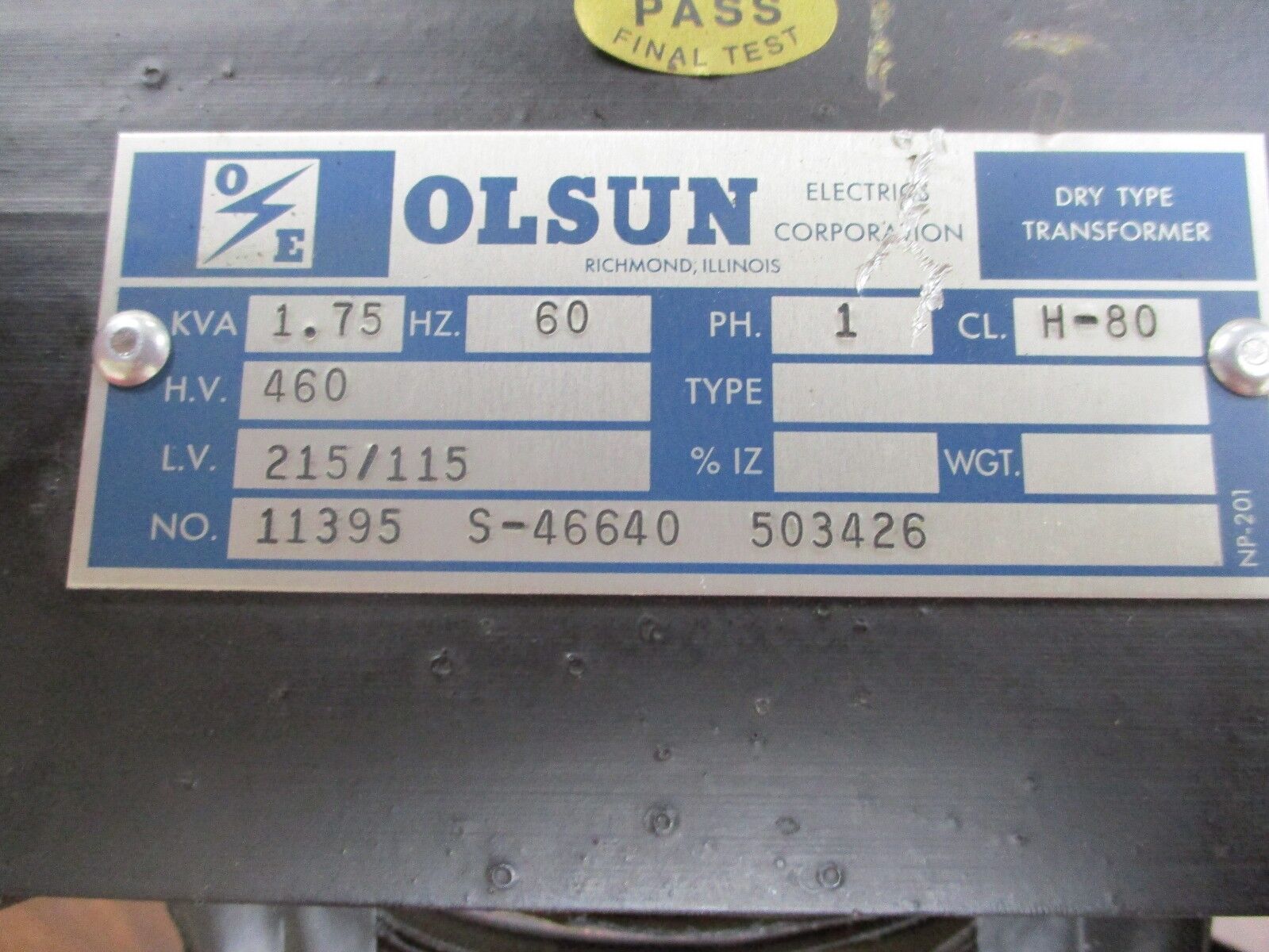 Olsun Transformer 11395-S-46640 503426 1.75KVA Pri: 460V Sec: 215/115V 1Ph Used