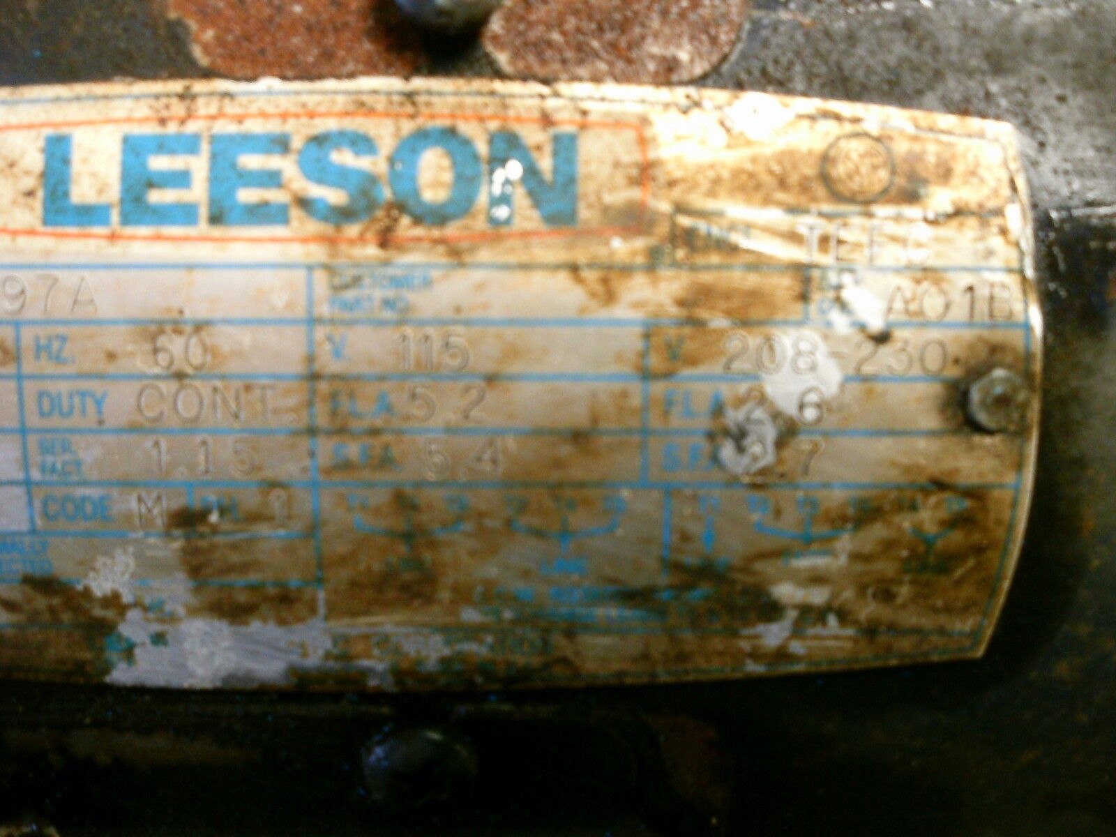 Leeson Model C6C17FC97A AC Motor 114639.00 1/4HP 1800RPM 208-230V 5.2/2.6A Used