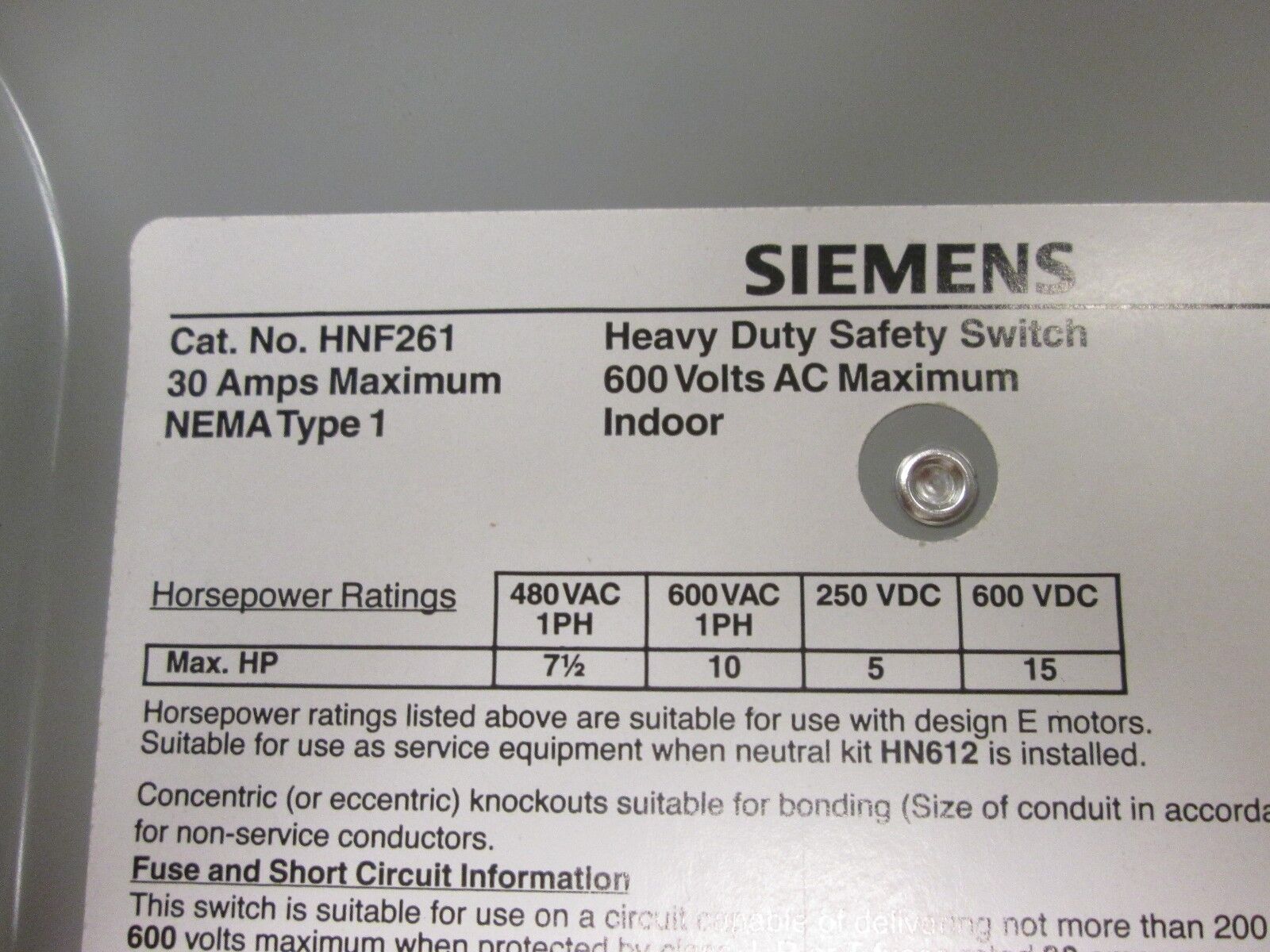 Siemens Non-Fusible Safety Switch / Disconnect HNF261 30A 600V 2P New Surplus