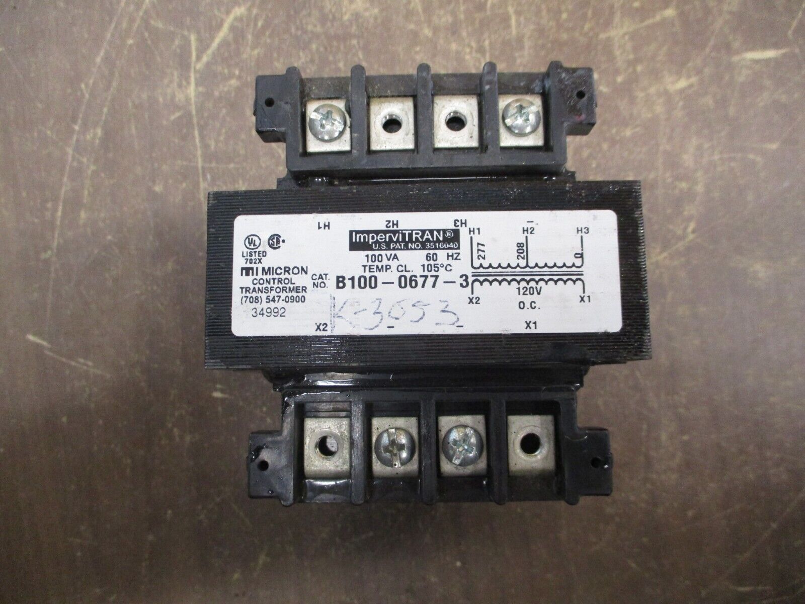 Micron ImperviTRAN Control Transformer B100-0677-3 100VA Pri: 208/277V Sec: 120V