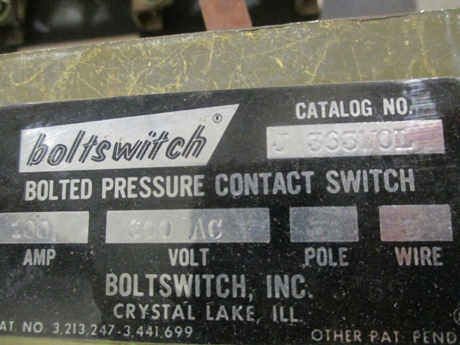 Boltswitch Bolted Pressure Contact Switch J 363WOL 100A 600V 3P 3W No Fuses Used