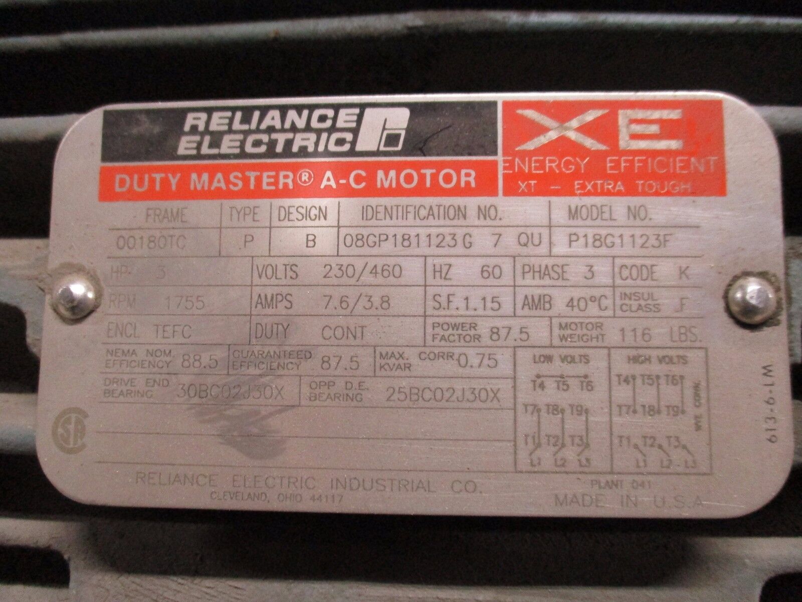 Reliance XE Duty Master AC Motor w/Dodge Tigear P18G1123F/180/350-25 3HP 1755RPM