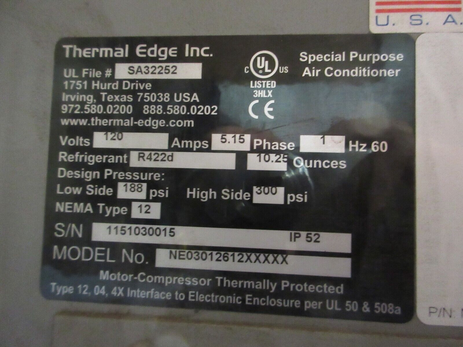 Thermal Edge Enclosure Air Conditioner NE03012612XXXXX 3000BTU Used