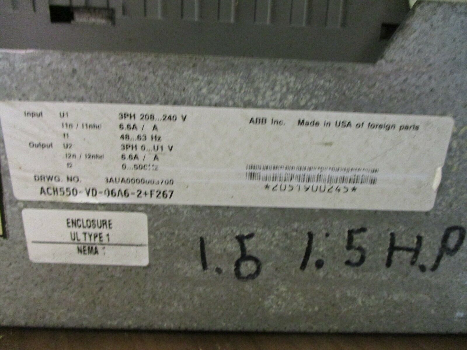 ABB ACH550 AC Drive w/Bypass ACH550-VD-06A6-2+F267 1.5HP w/Keypad Used