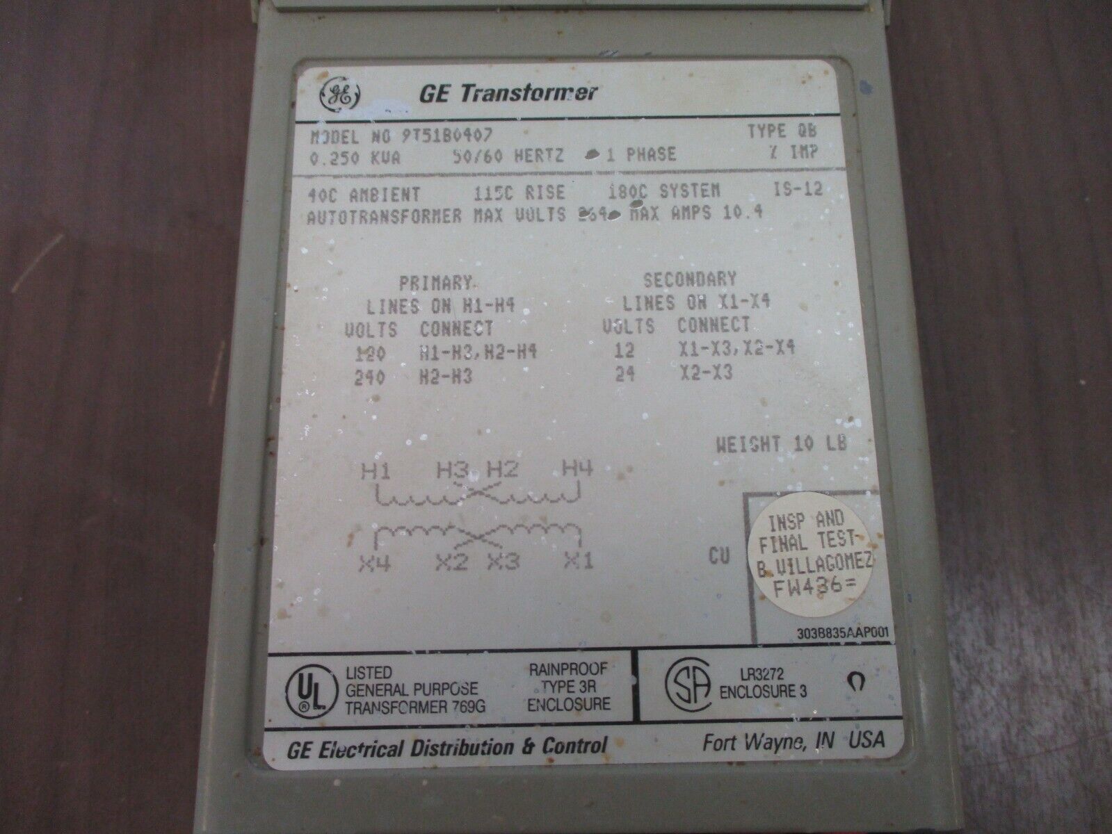 GE Transformer 9T51B0407 0.250kVA Pri: 120/240V Sec: 12/24V 1Ph 50/60 Hz Used