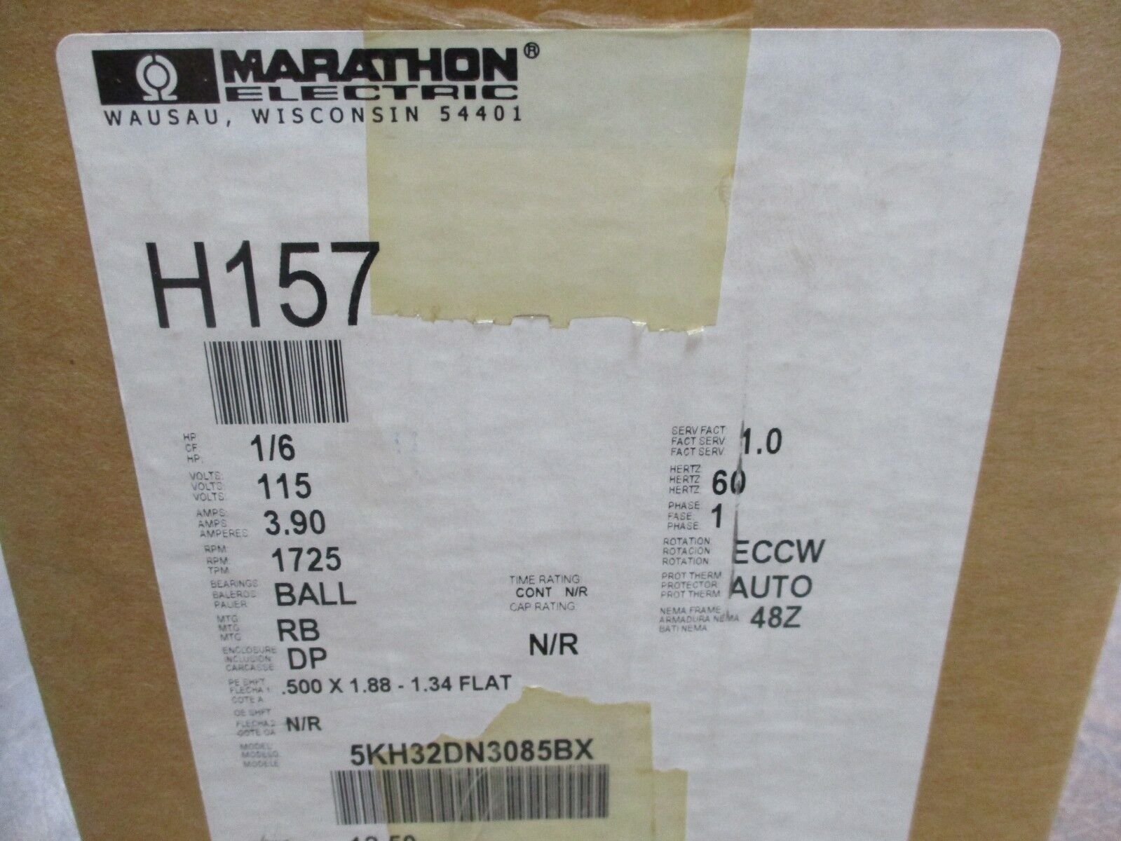 Marathon AC Motor H157 1/6HP 1800RPM FR:48Z 115V 3.9A 1Ph New Surplus