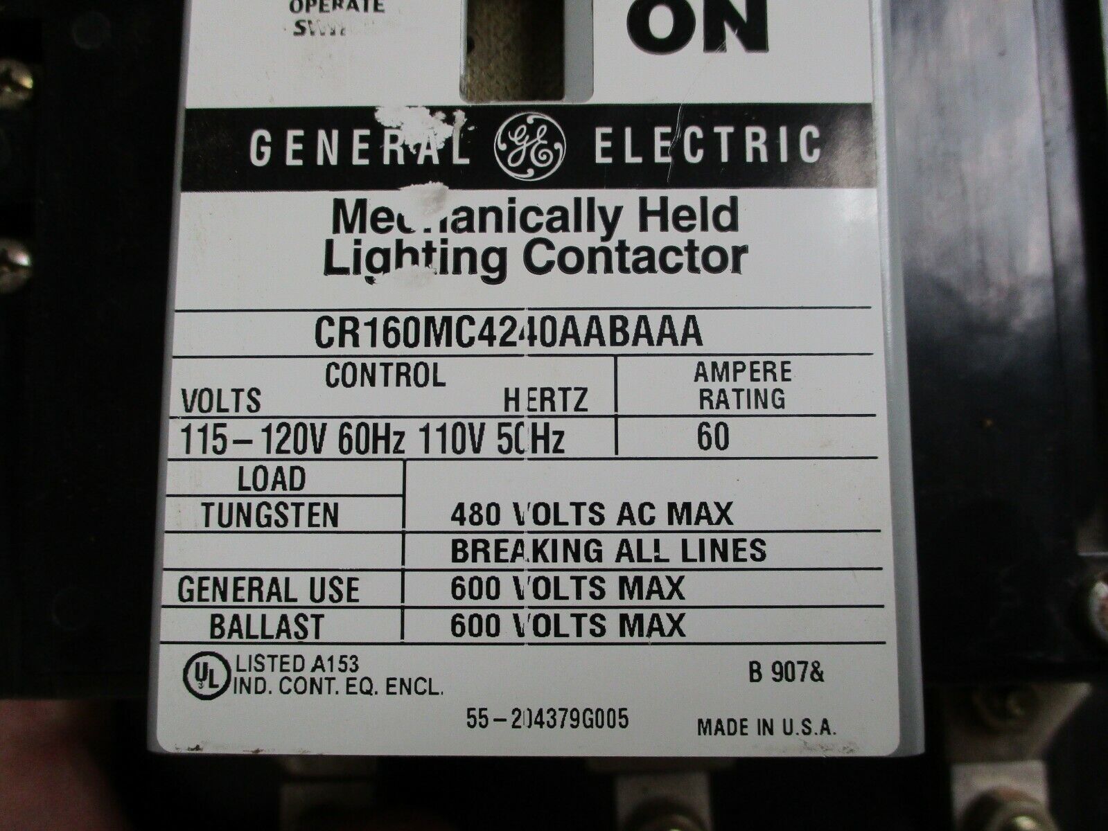 GE Mechanically Held Lighting Contactor CR160MC4240AABAAA 60A 600V Used