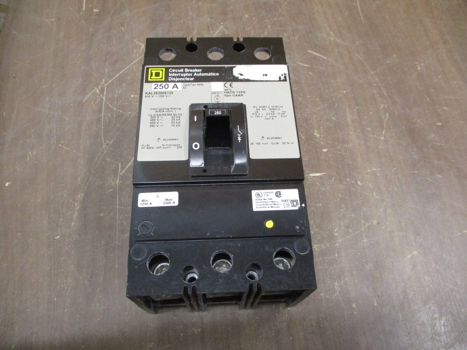 Square D Circuit Breaker KAL362506139 250A 600V 3P Used