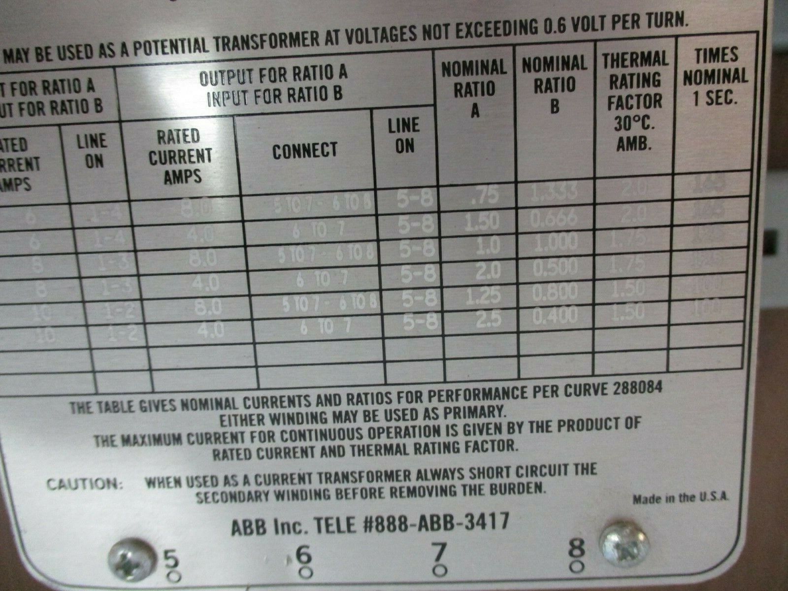 ABB Auxiliary Current or Potential Transformer 7881A02G06 Control: 600A 60Hz