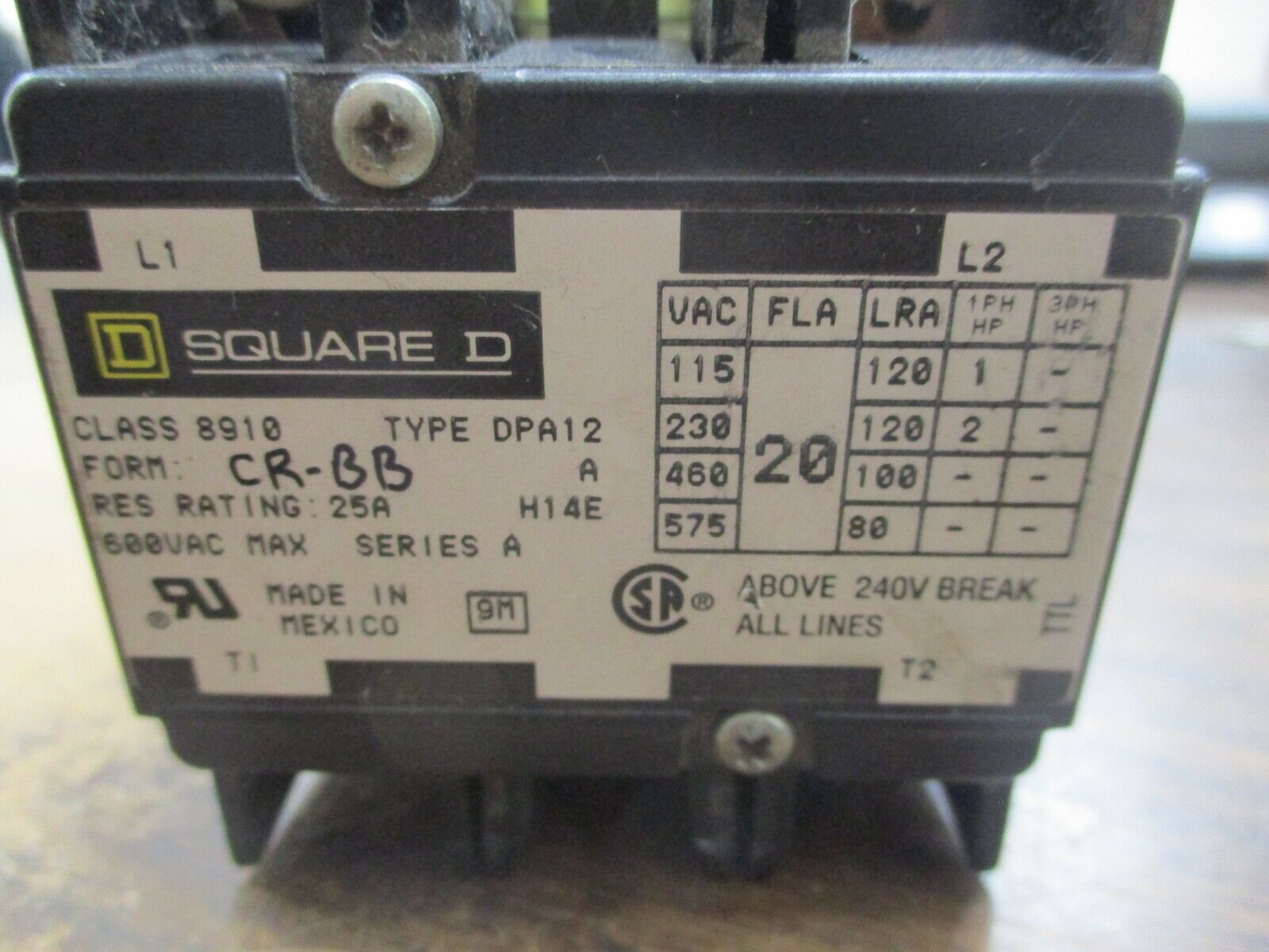 Square D Contactor 8910 DPA12 CR-BB 480V Coil 20A 600V Used