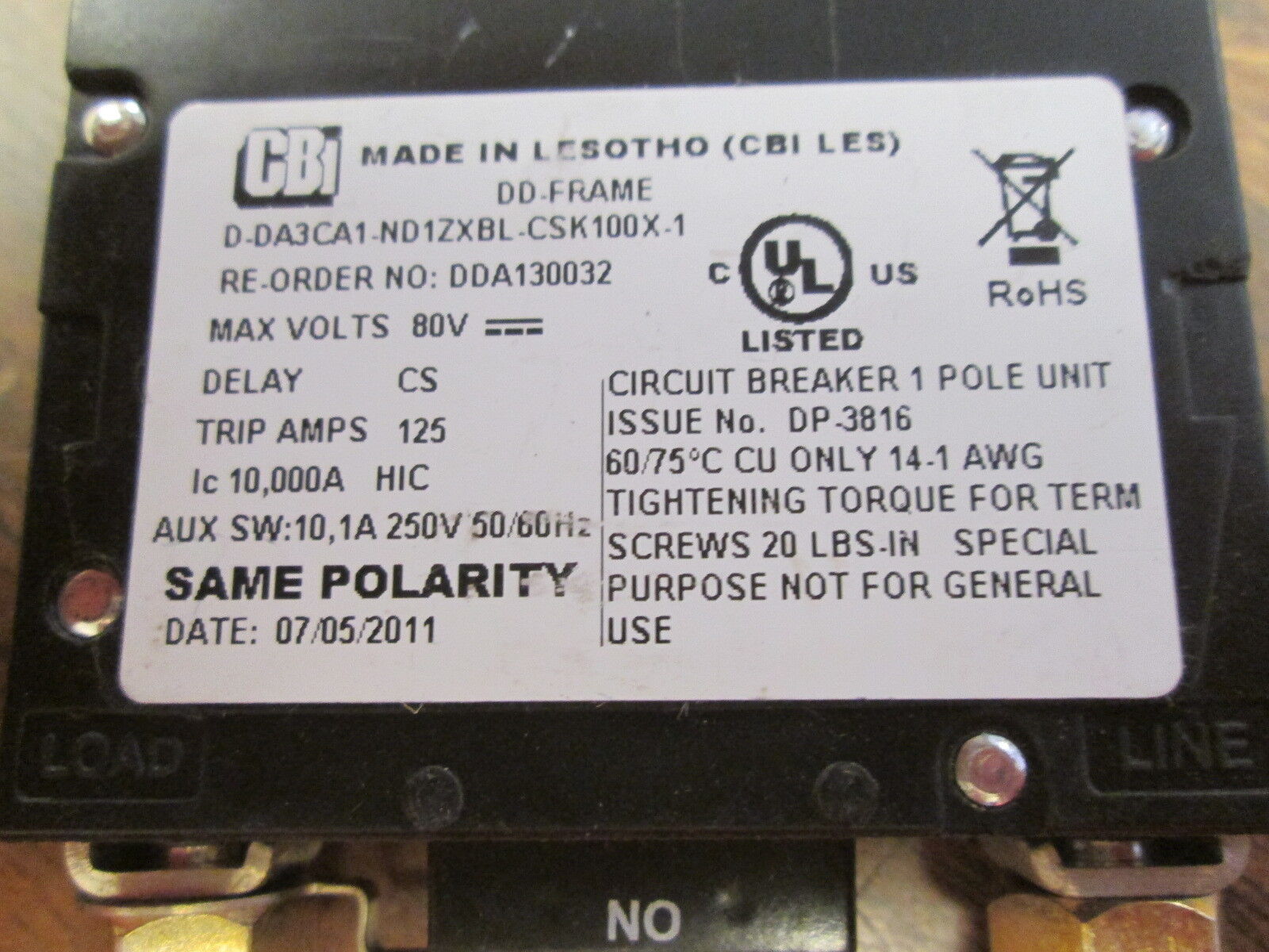 CBi DC Circuit Breaker D-DA3CA1-ND1ZXBL-CSK100X-1 100A 80VDC 1P Used