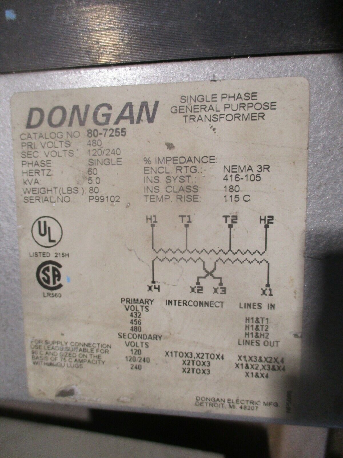 Dongan Transformer 80-7255 5KVA Pri: 480V Sec: 120/240V 60Hz 1Ph 3R Enc. Used