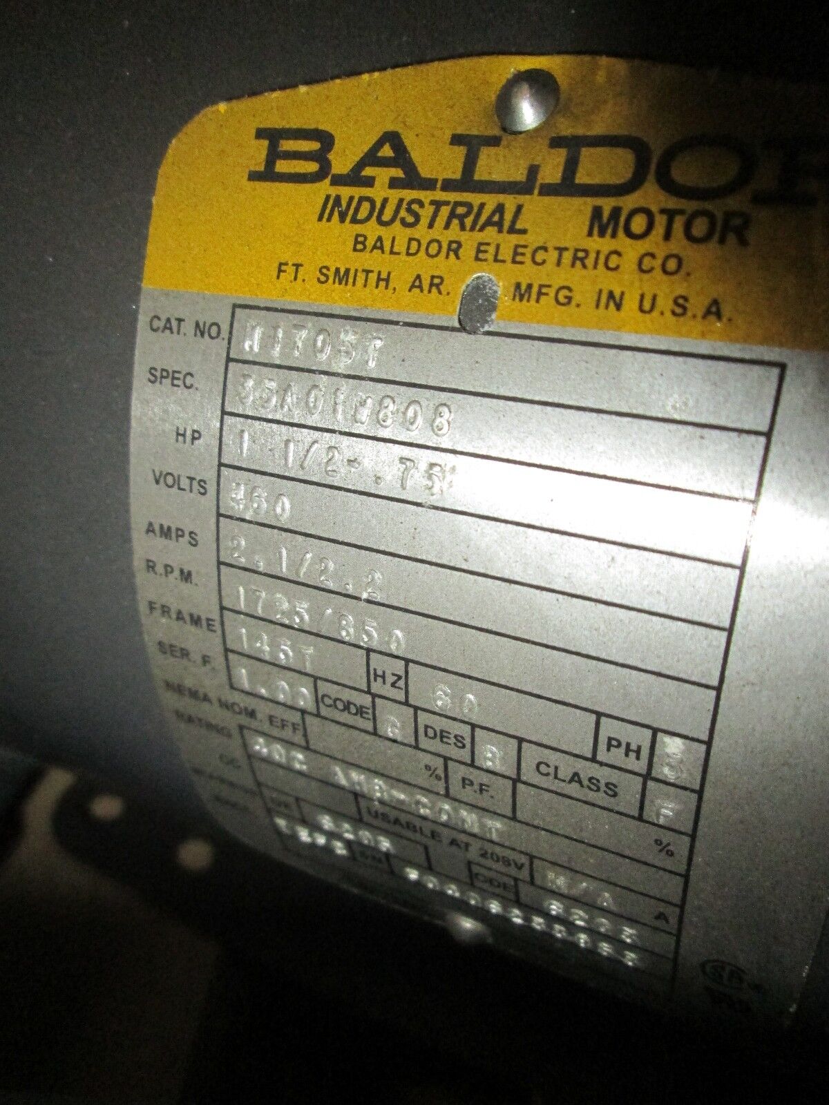 Baldor Motor M1705T 1.5-.75HP 460V 2.1/2.2A 1725/850RPM 60Hz 3Ph Used