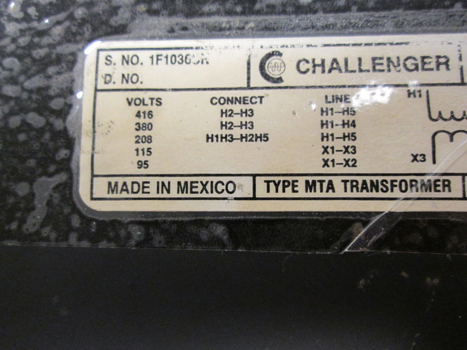 Challenger Type MTA Transformer 1F1036CH 1.5KVA Pri: 208/380/416V Sec: 95/115V