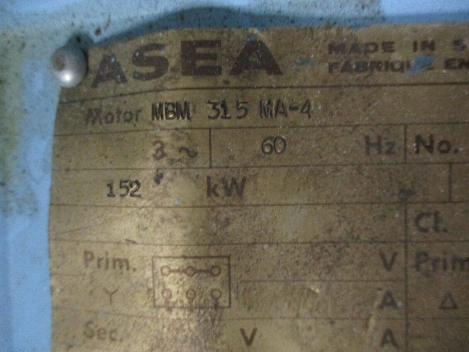 ASEA AC Motor MBM 315 MA-4 200HP 1800RPM 460V 240A 60Hz Used