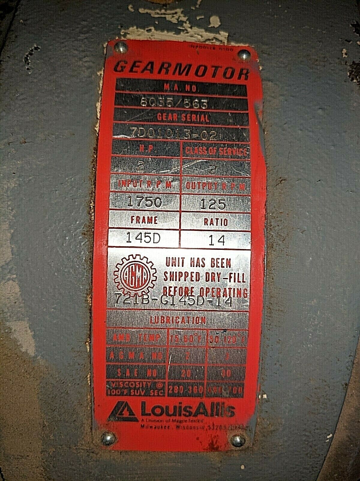 Louis Allis Gearmotor 8035/563 2HP 1750RPM In Ratio: 14 Used