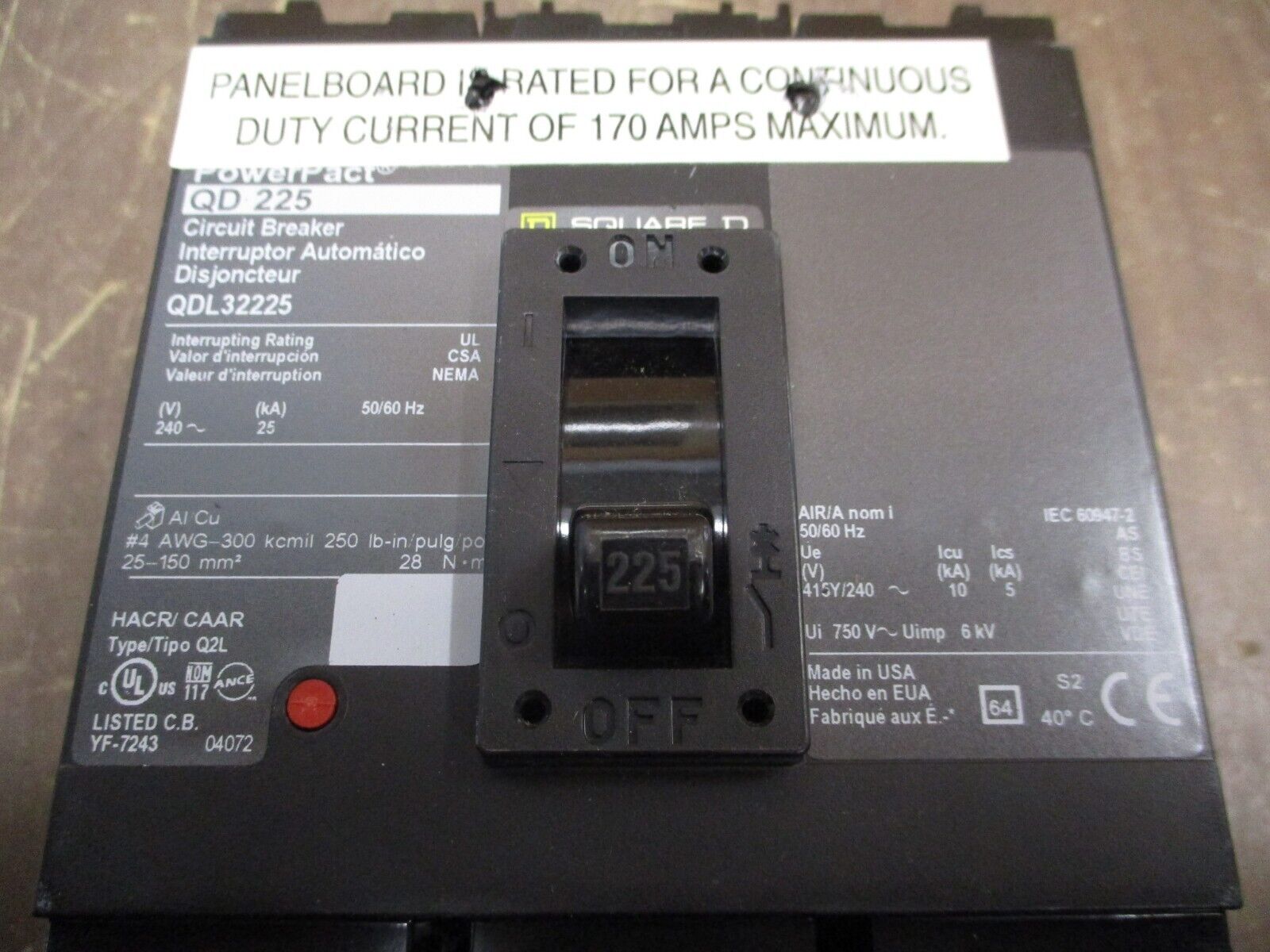 Square D PowerPact Circuit Breaker QDL32225 225A 240V 3P Used