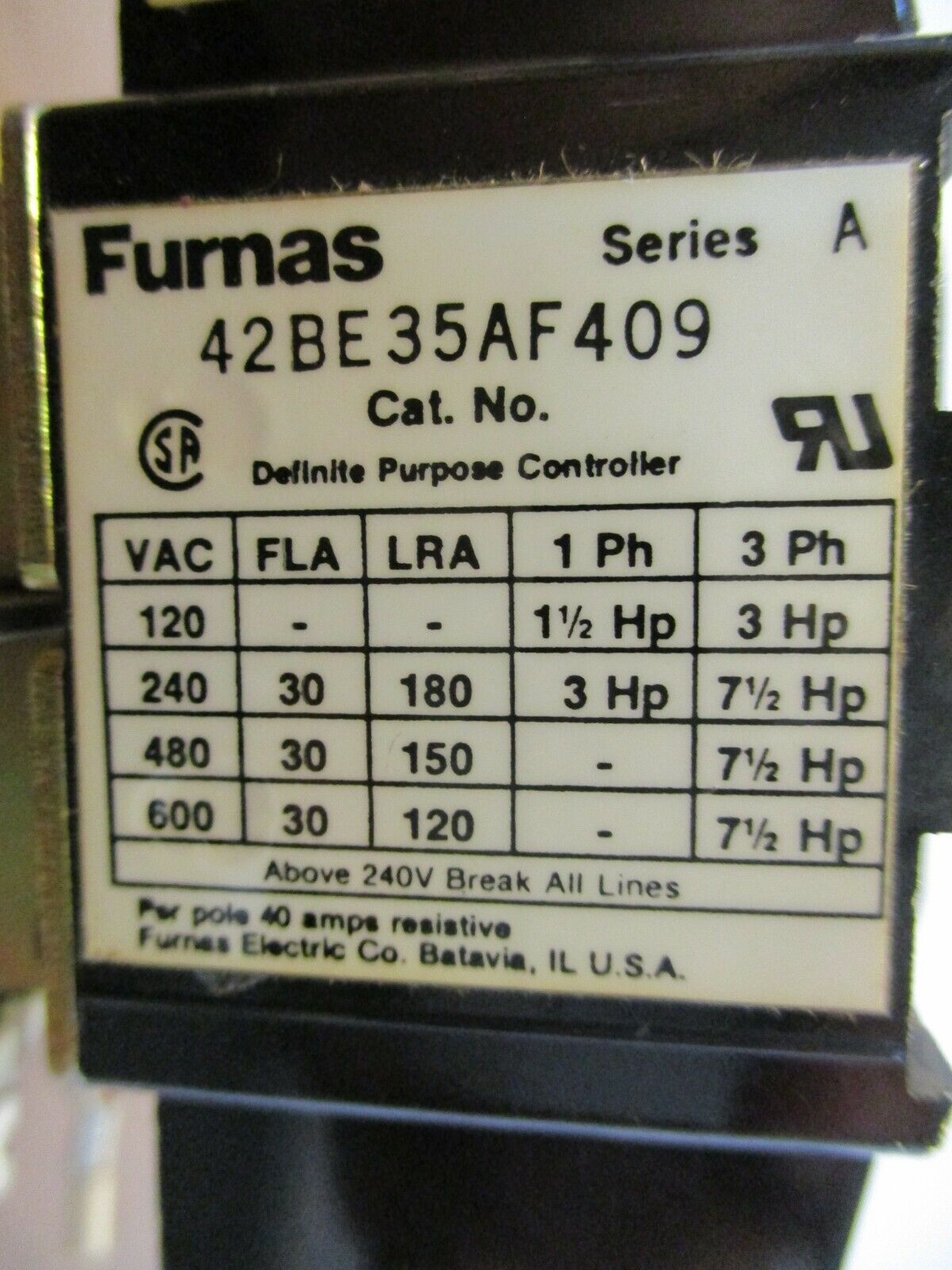 Furnas Contactor 42BE35AF409 120V Coil 30A 600V Used