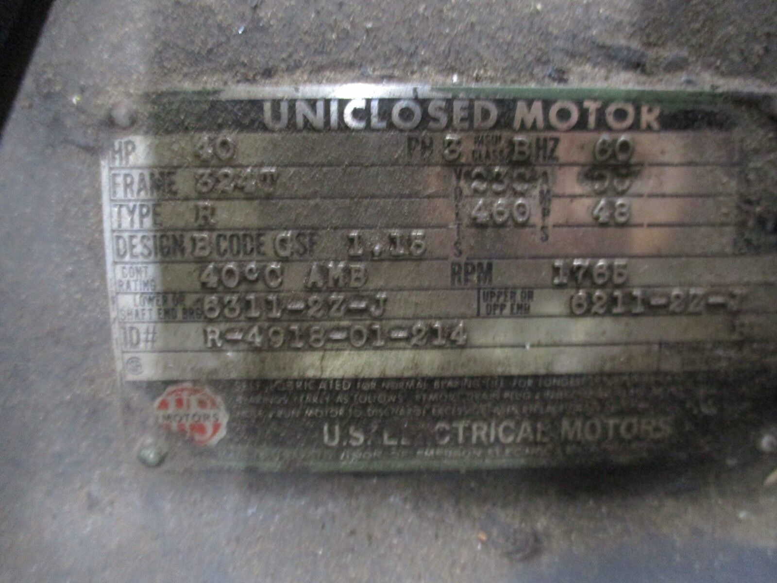 US Motors Type R AC Motor R-4918-01-214 40HP 1800RPM 230/460V 324T Frame Used