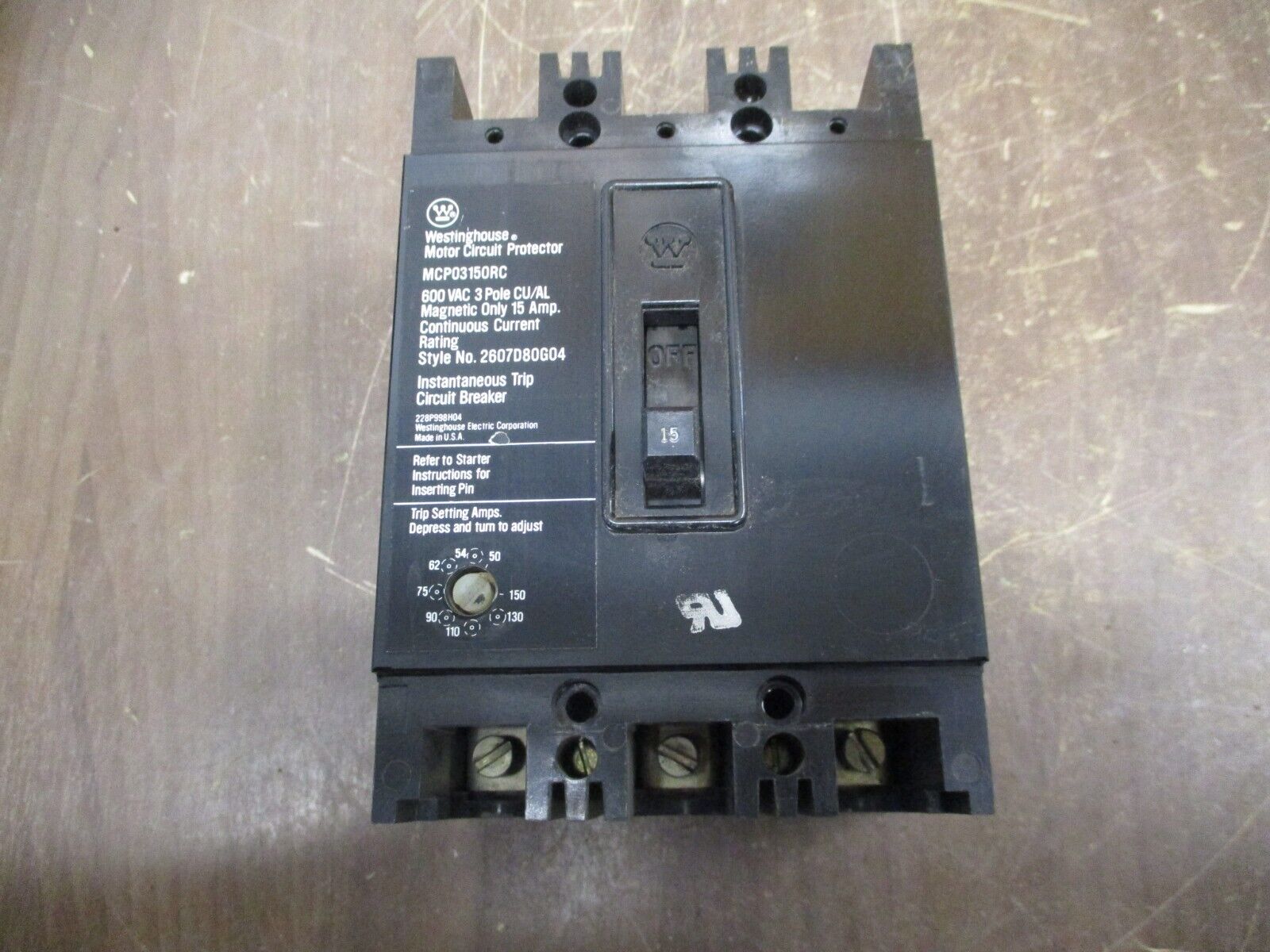 Westinghouse Motor Circuit Protector MCP03150RC 15A Trip: 50-150A 600V 3P Used