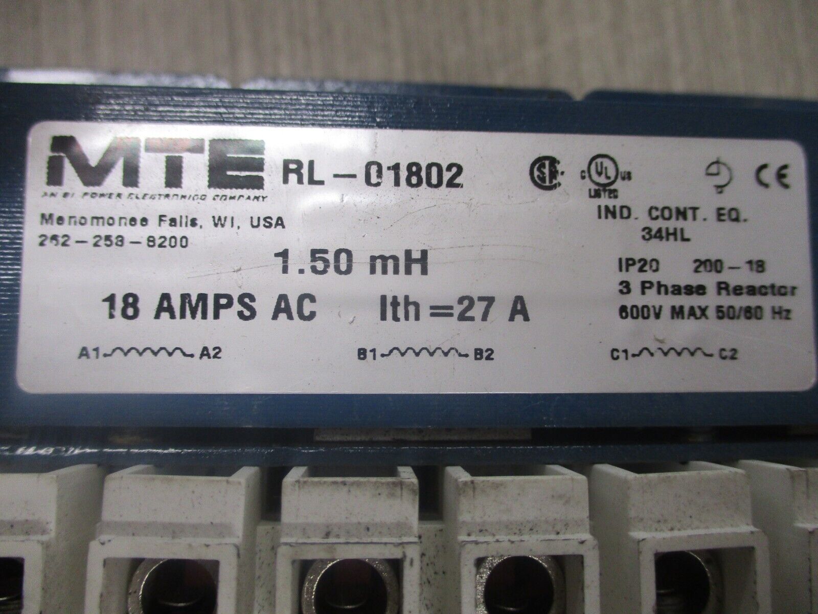 MTE 3Ph Line Reactor RL-02502 1.20mH 25A 600V 50/60Hz Used