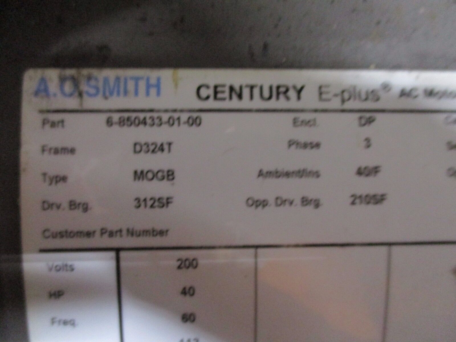 A.O. Smith AC Motor 6-850433-01-00 40HP 1760RPM FR:D324T Encl:DP 200V 113A Used