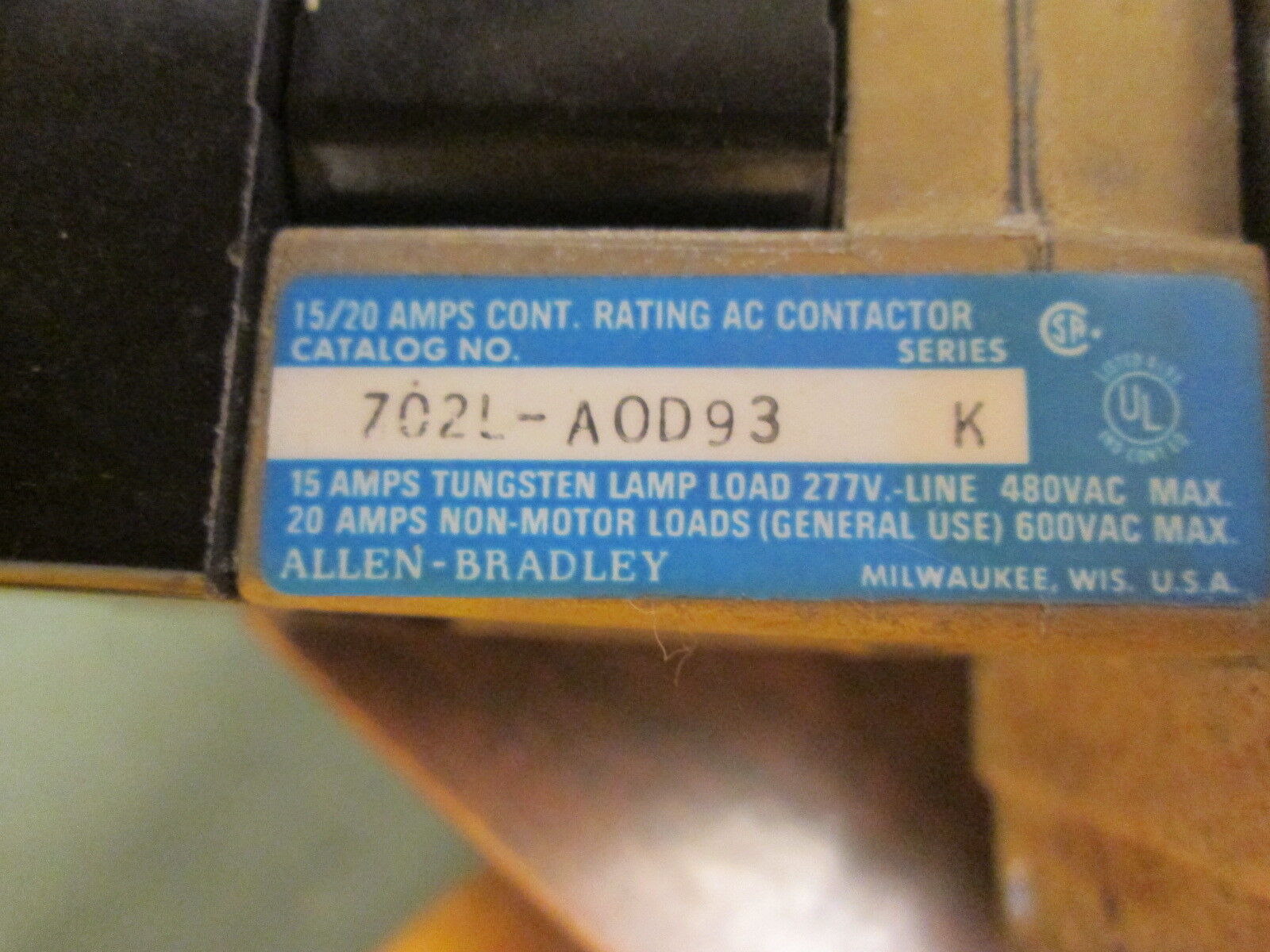 Allen-Bradley AC Contactor 702L-AOD93 15/20A 120V Coil 480/600V Used