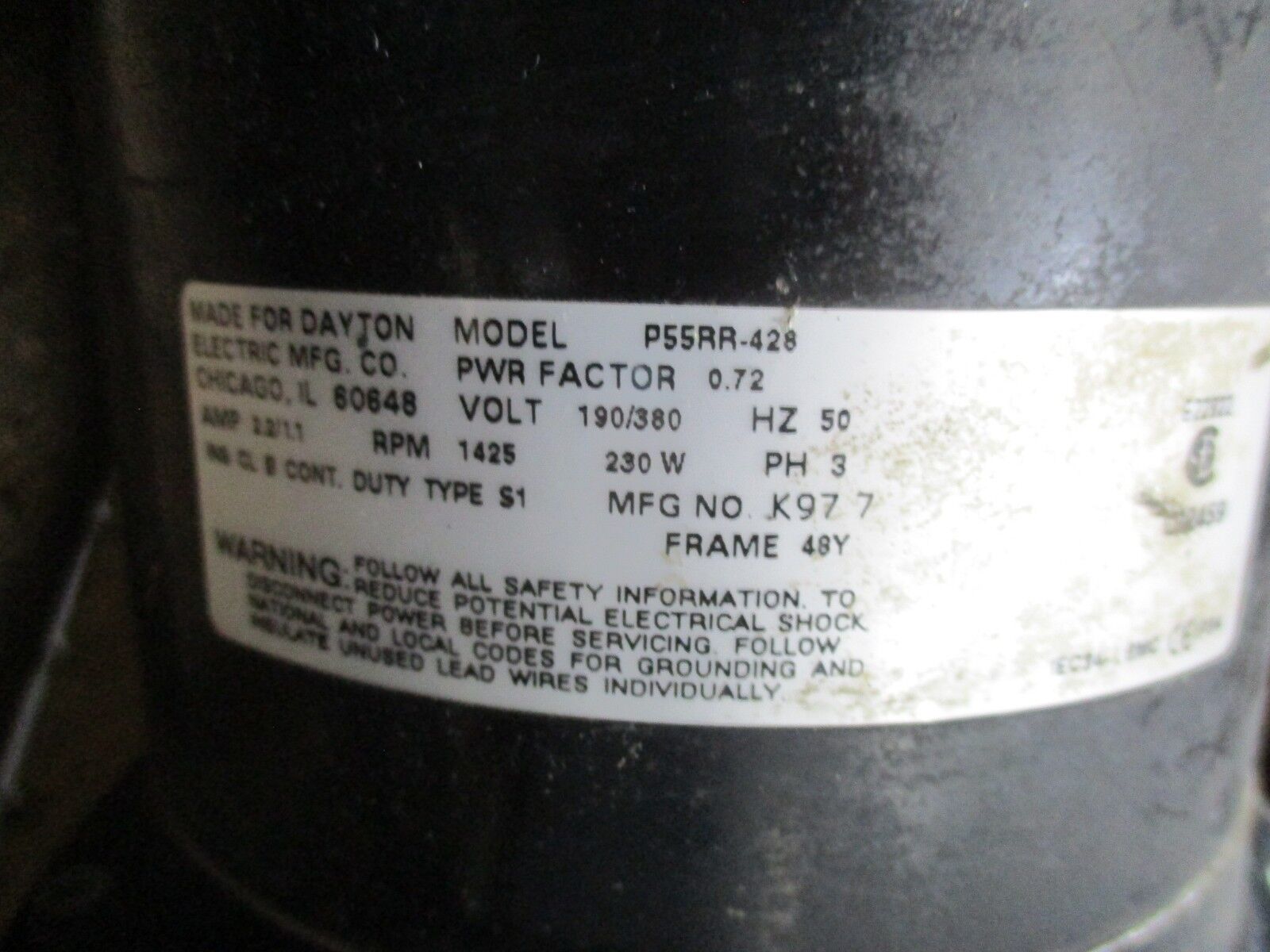 Dayton Gearmotor 9N091 1/3HP 1725RPM 208-230/460V 1.6/.8A Fr:48Y Encl: TEFC Used