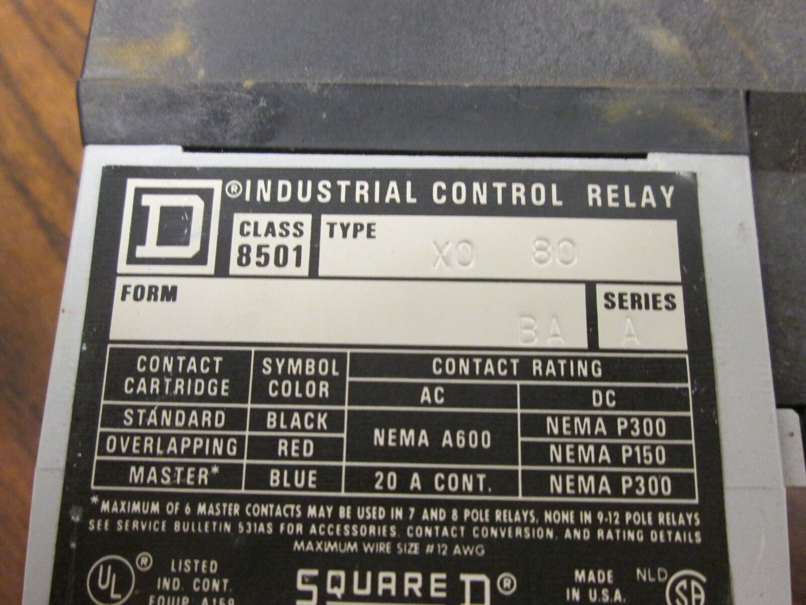 Square D Control Relay 8501X080 Used