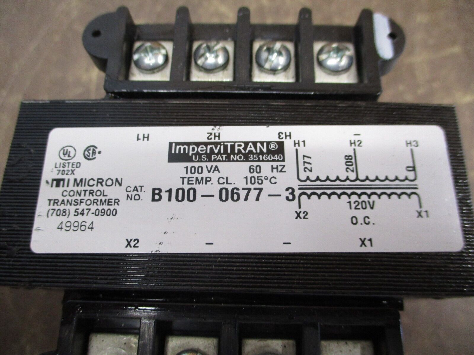 Micron ImperviTRAN Control Transformer B100-0677-3 100VA Pri: 208/277V Sec: 120V