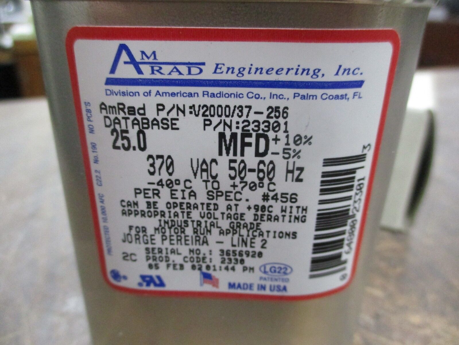 AmRad Run Capacitor V2000/37-256 25MFD 370V 50-60Hz New Surplus