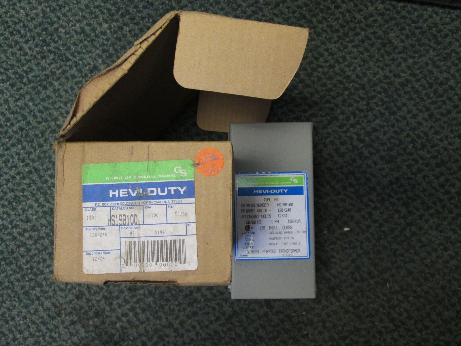 Hevi-Duty Transformer HS19B100 Pri 120/240V Se 12/24V .100KVA New Surplus