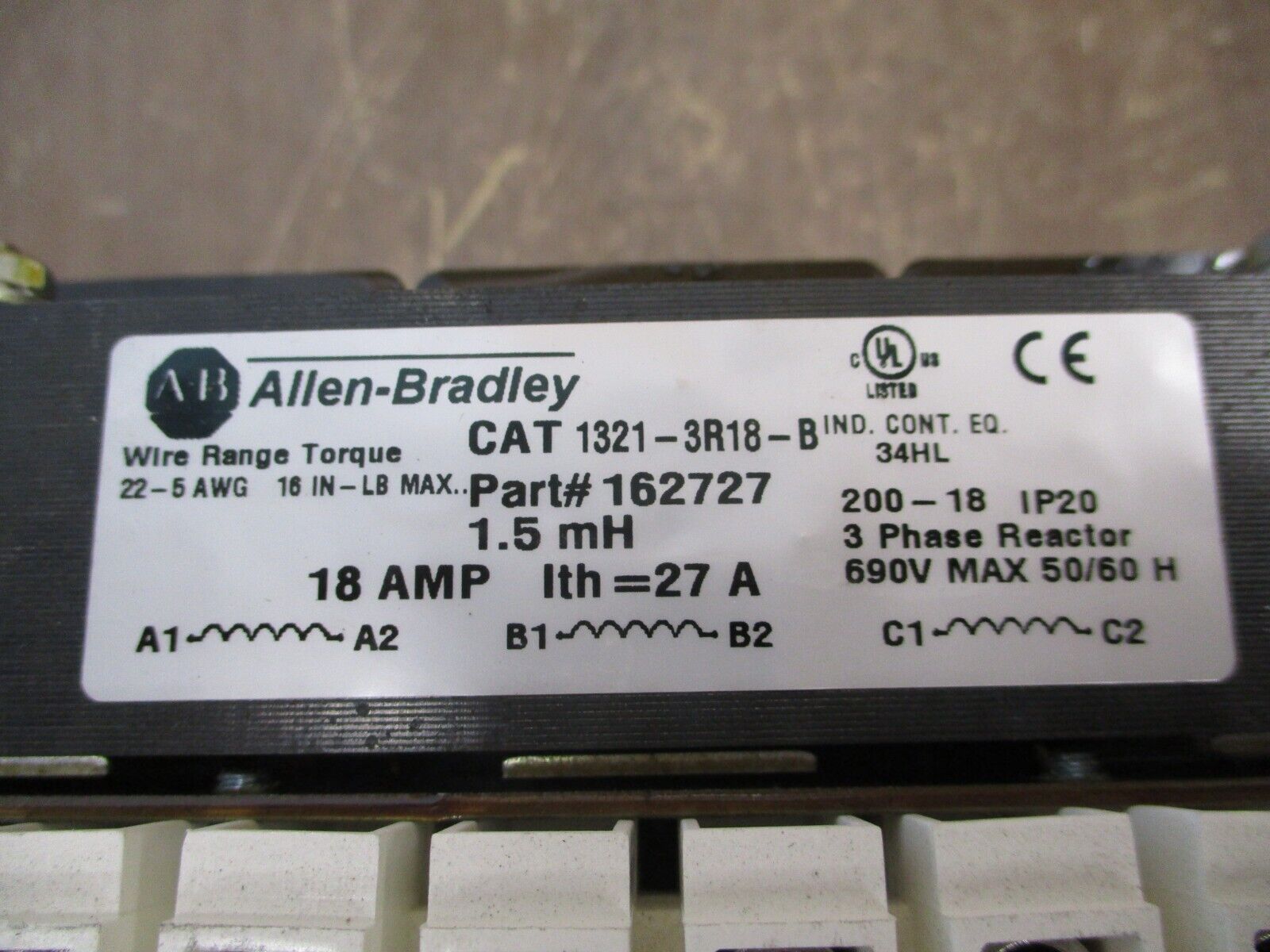 Allen-Bradley 1321-3R18-B 3Ph Reactor 162727 1.5mH 18A 600V 50/60Hz Used